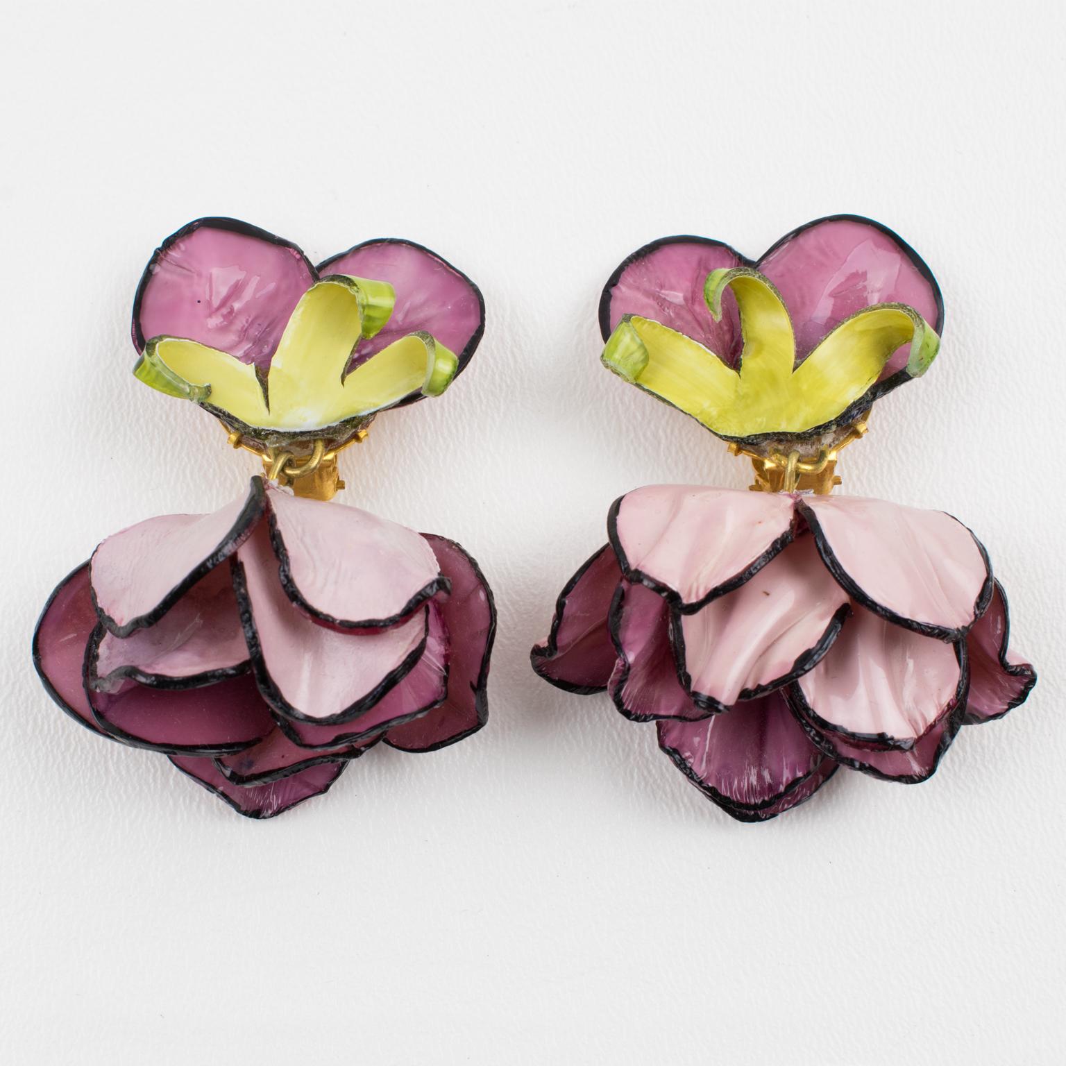 Modern Francoise Montague by Cilea Dangle Resin Clip Earrings Purple-Pink Poppy Flower
