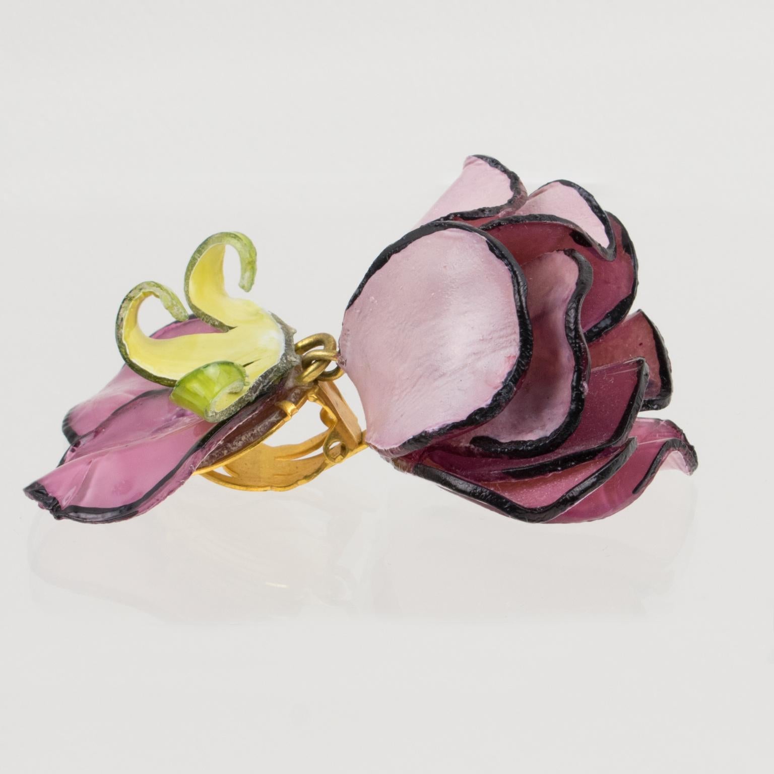 Women's or Men's Francoise Montague by Cilea Dangle Resin Clip Earrings Purple-Pink Poppy Flower