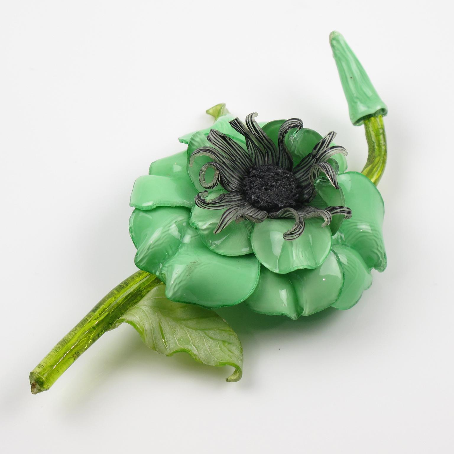 Artist Francoise Montague by Cilea Green Flower Resin Pin Brooch