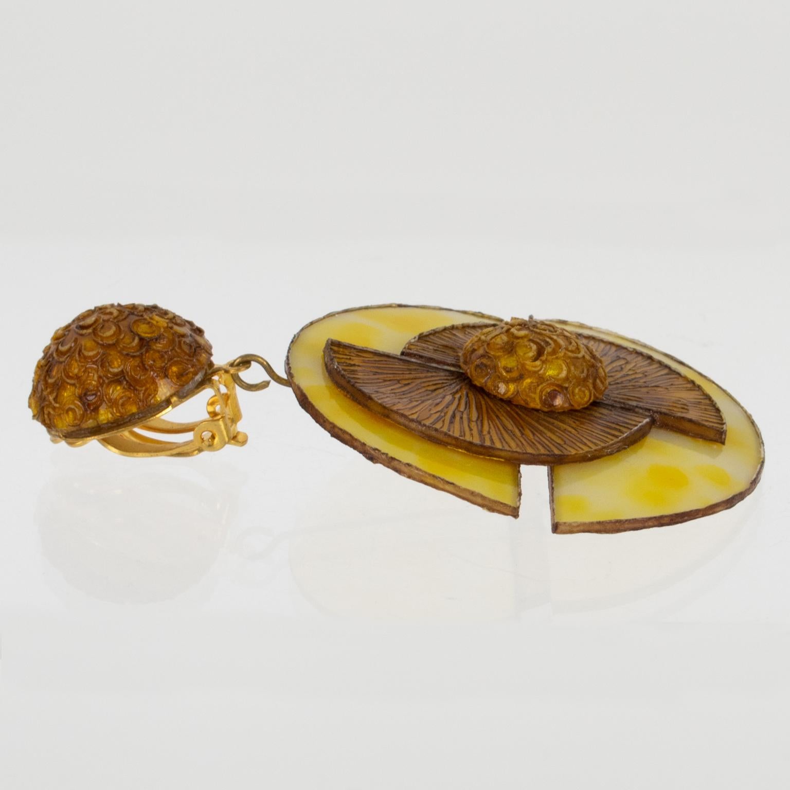 Francoise Montague by Cilea Japanese-Inspired Yellow Resin Dangle Clip Earrings In Excellent Condition In Atlanta, GA