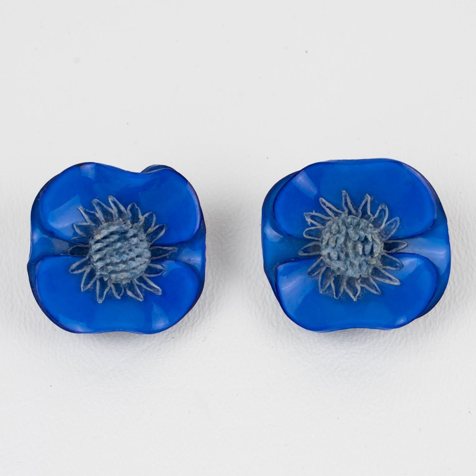 Romantic Francoise Montague by Cilea Paris Blue Poppy Resin Clip Earrings