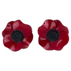 Francoise Montague by Cilea Paris Burgundy Red Poppy Resin Clip Earrings