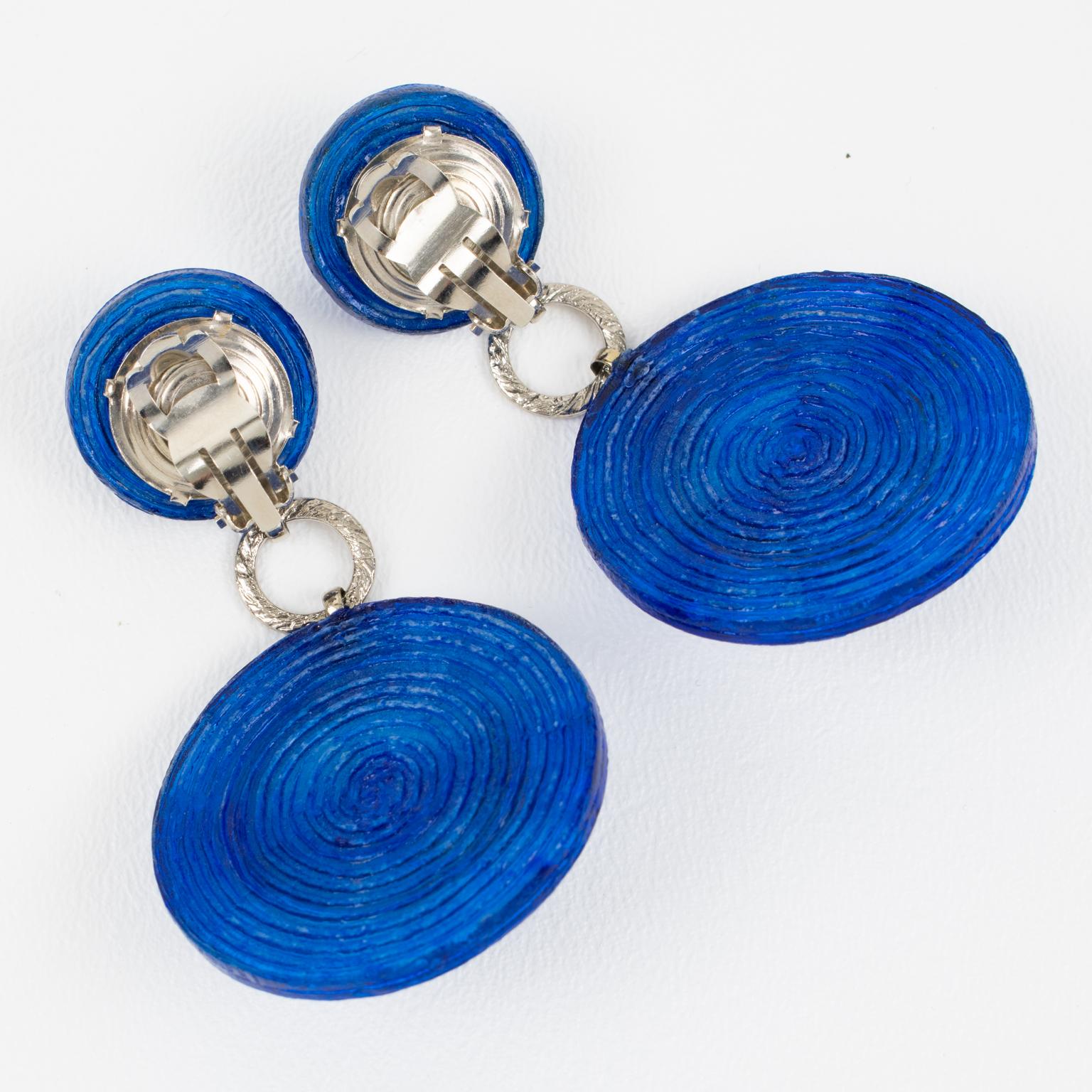 Modern Francoise Montague by Cilea Resin Clip Earrings Dangle Cobalt Blue Hat For Sale