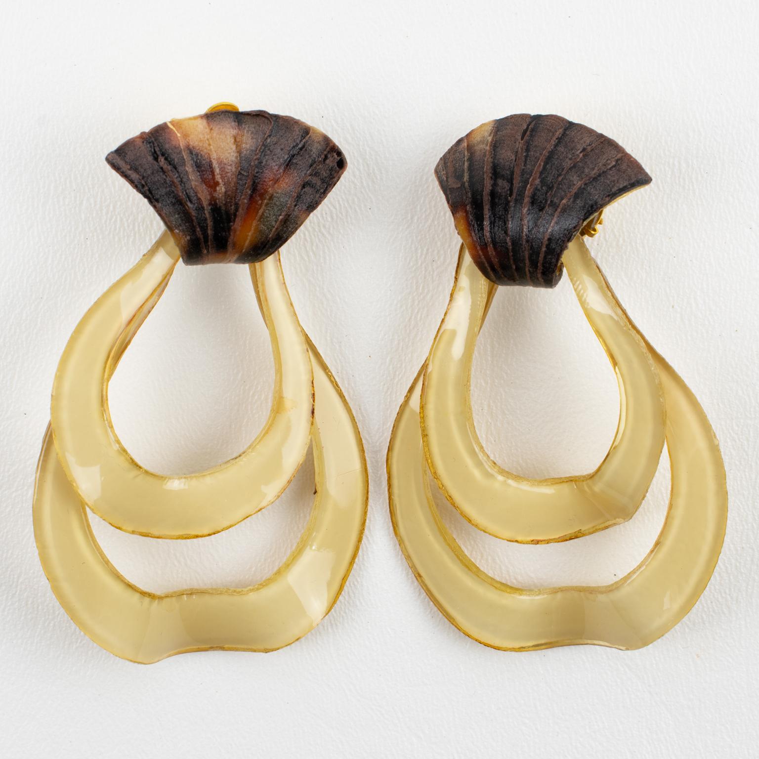 Modern Francoise Montague by Cilea Resin Clip Earrings Dangle Tan and Tortoise Drops For Sale