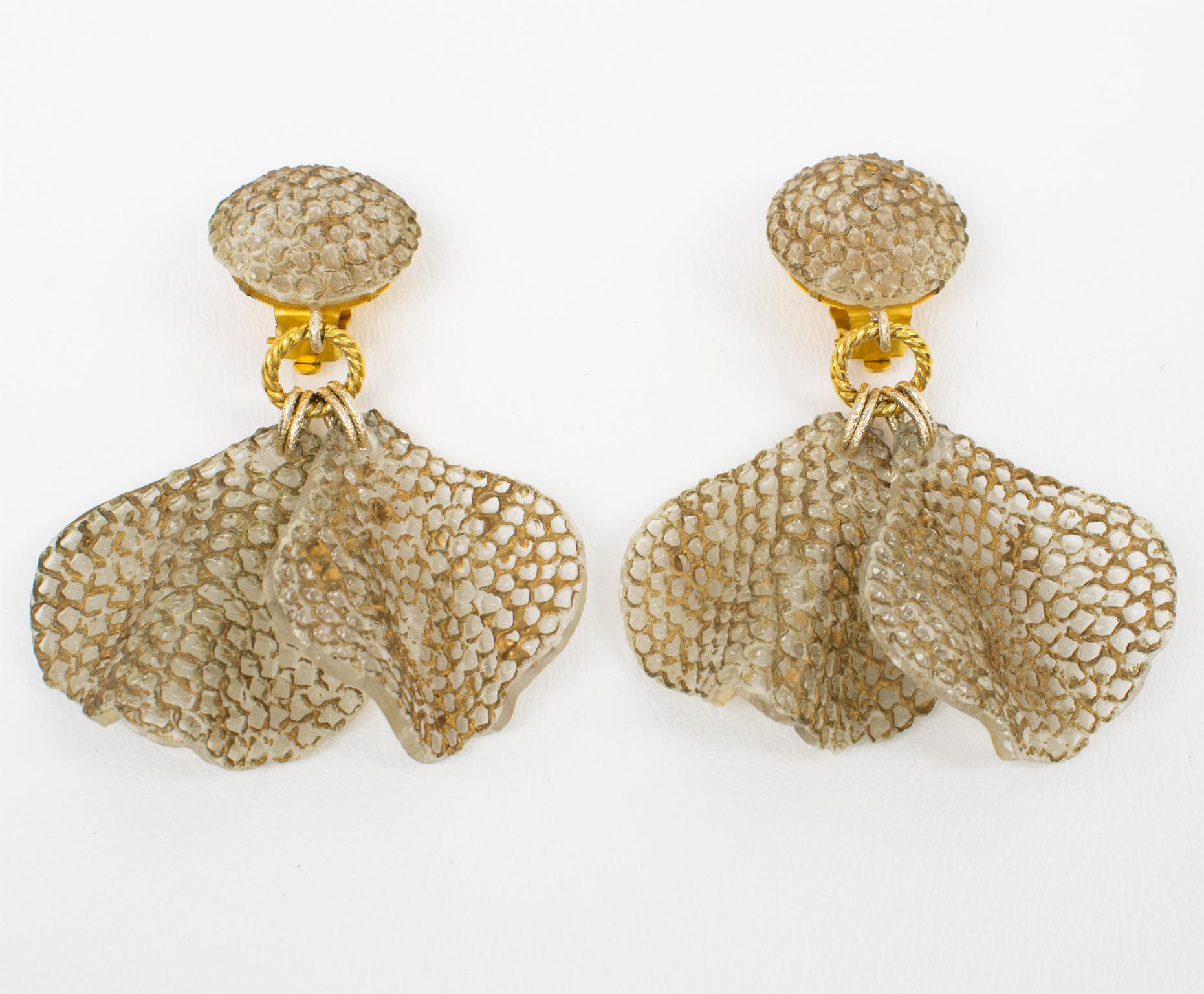 Romantic Francoise Montague by Cilea Resin Clip Earrings Dangle Textured Gilded Petals For Sale