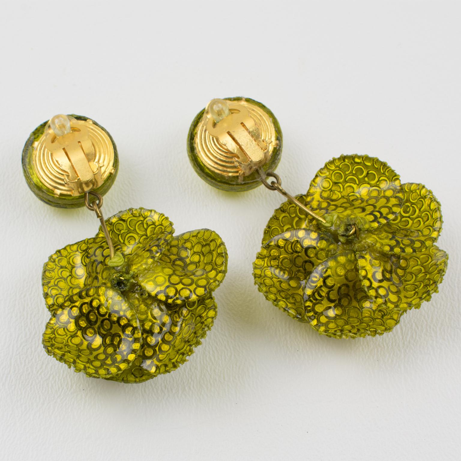Modern Francoise Montague by Cilea Resin Clip Earrings Green Poppy Flower For Sale