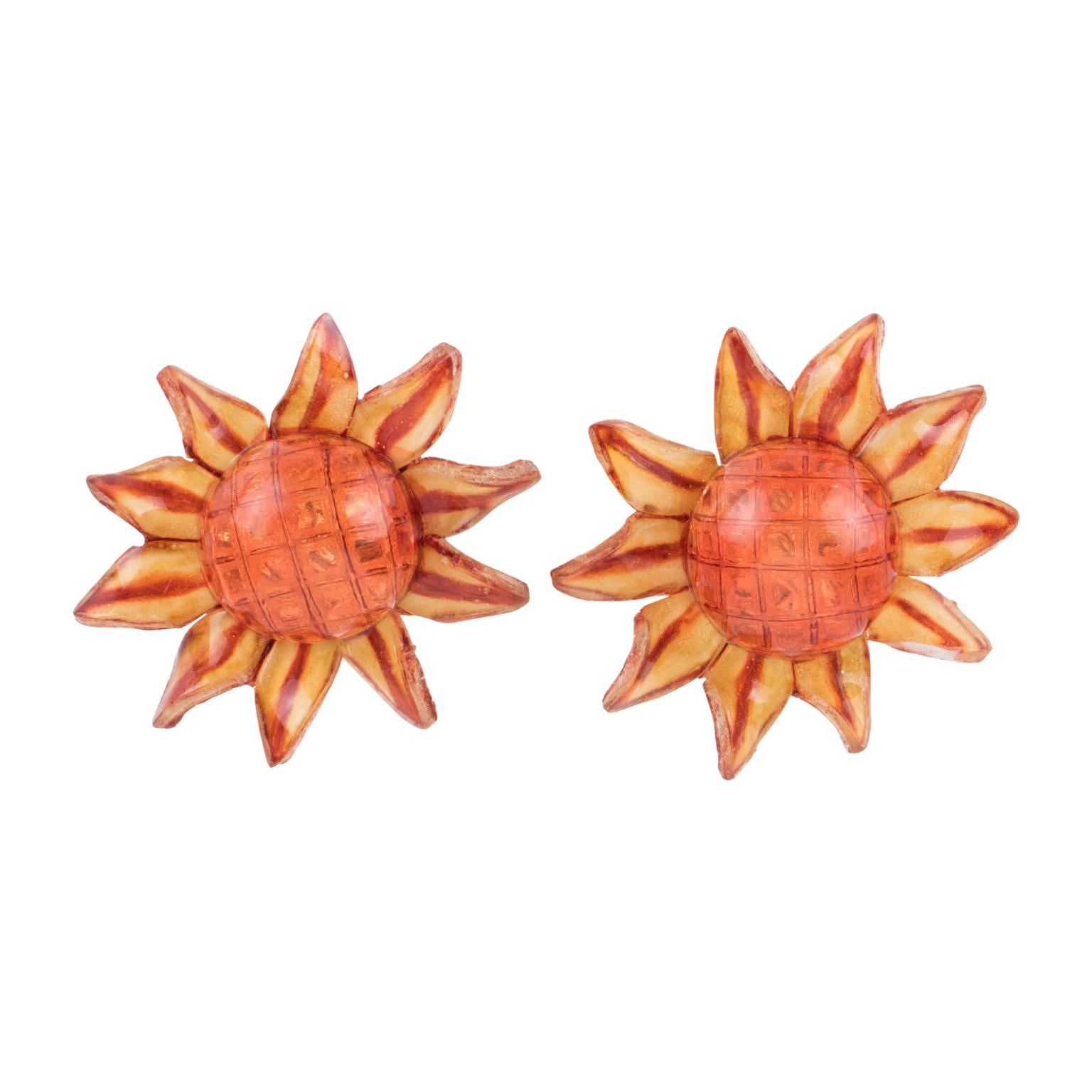 Francoise Montague by Cilea Resin Clip Earrings Orange Daisy Flower For Sale