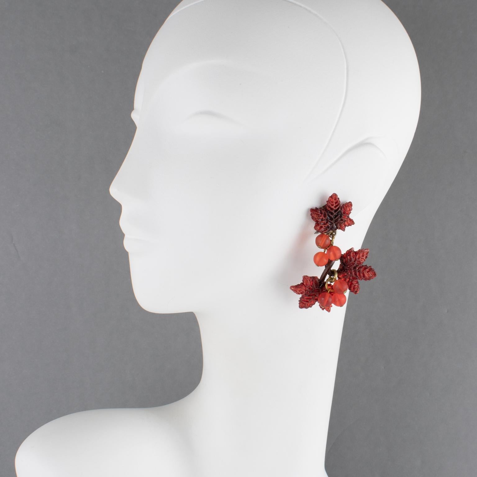 Modern Francoise Montague by Cilea Resin Clip Earrings Rust Vine Leaves and Grape For Sale