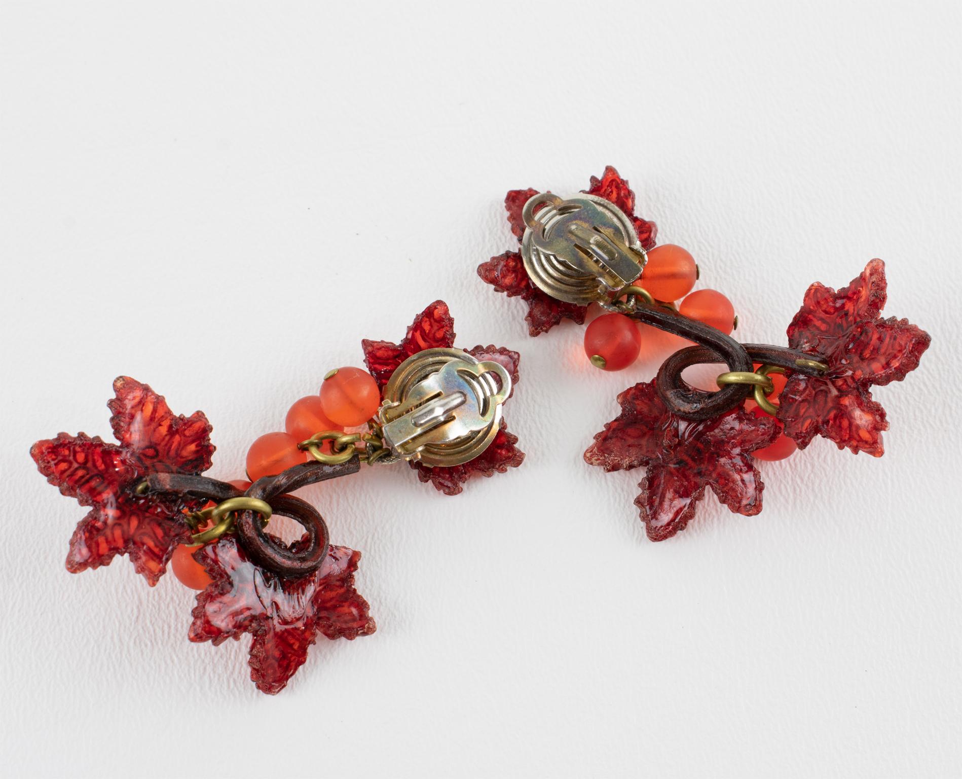 Women's or Men's Francoise Montague by Cilea Resin Clip Earrings Rust Vine Leaves and Grape For Sale