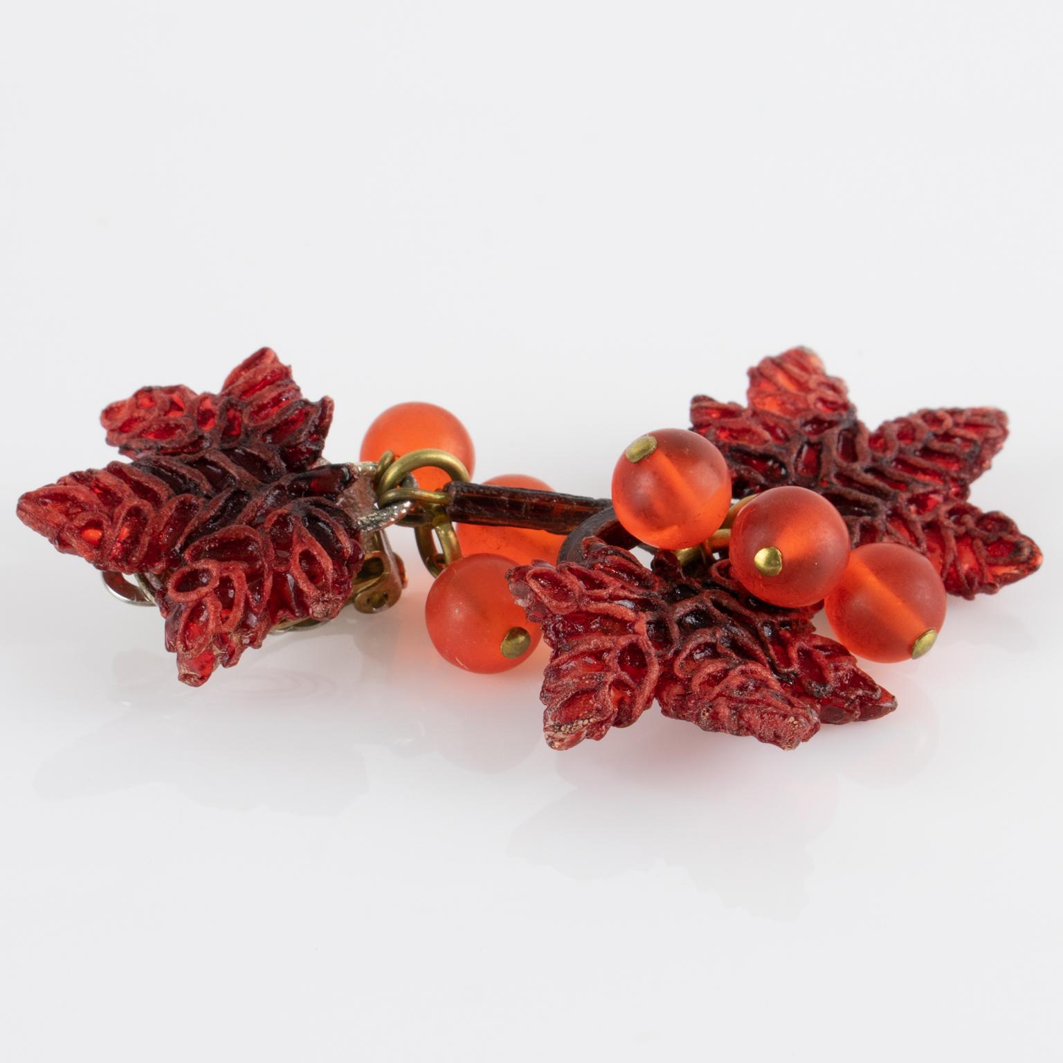 Francoise Montague by Cilea Resin Clip Earrings Rust Vine Leaves and Grape For Sale 1