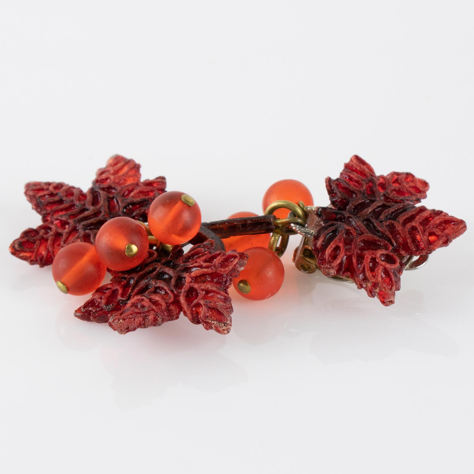 Francoise Montague by Cilea Resin Clip Earrings Rust Vine Leaves and Grape For Sale 2