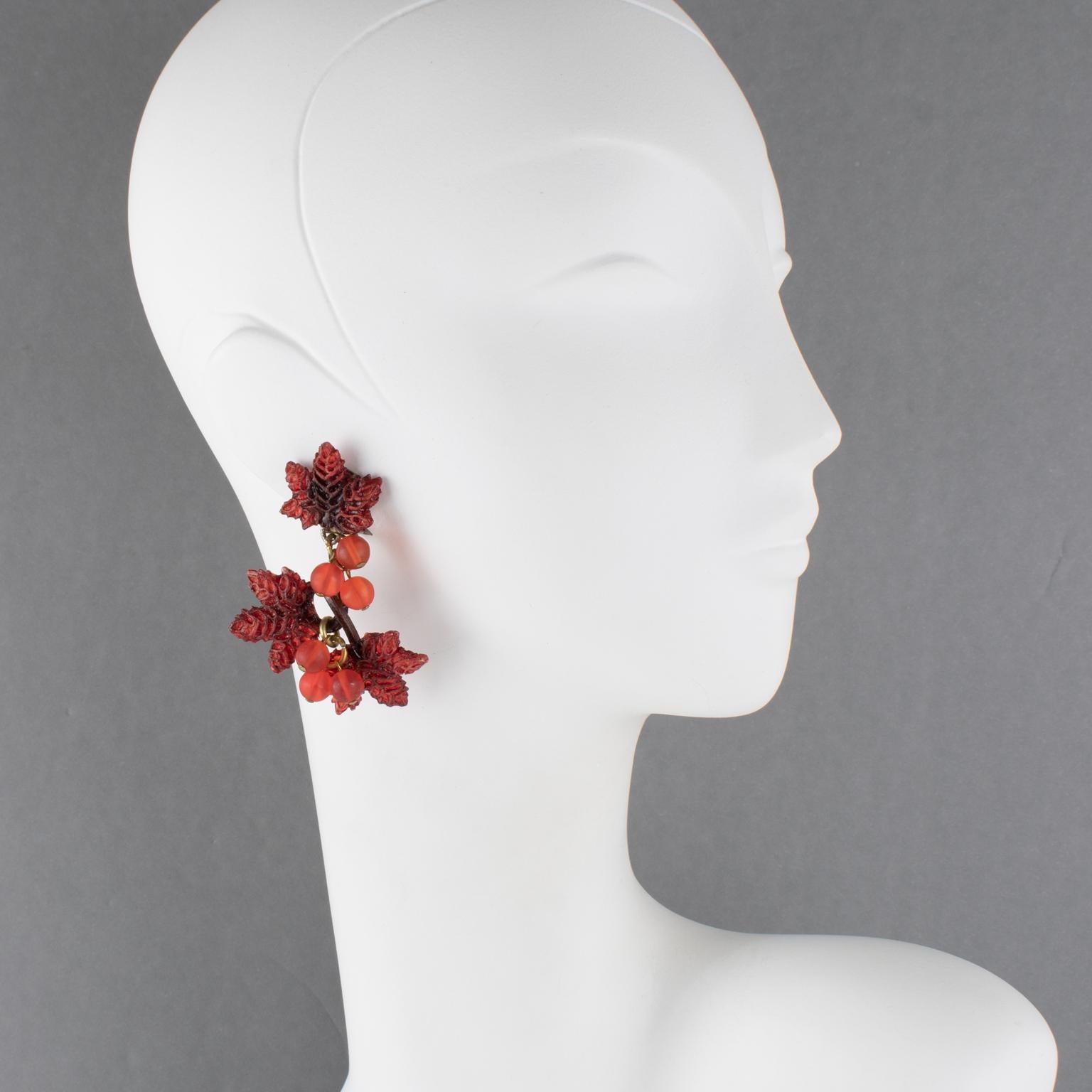 Francoise Montague by Cilea Resin Clip Earrings Rust Vine Leaves and Grape For Sale 3
