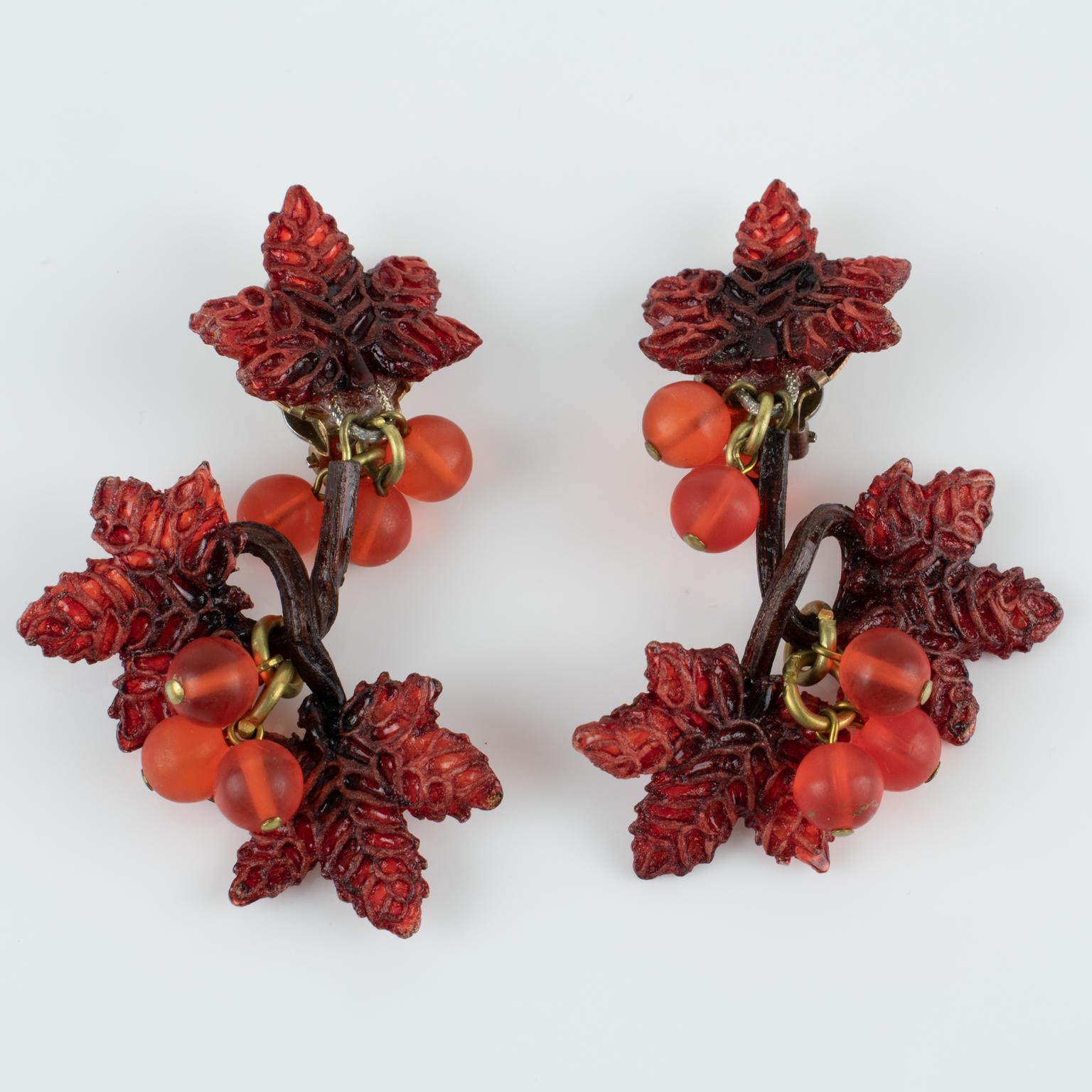 Francoise Montague by Cilea Resin Clip Earrings Rust Vine Leaves and Grape For Sale 4