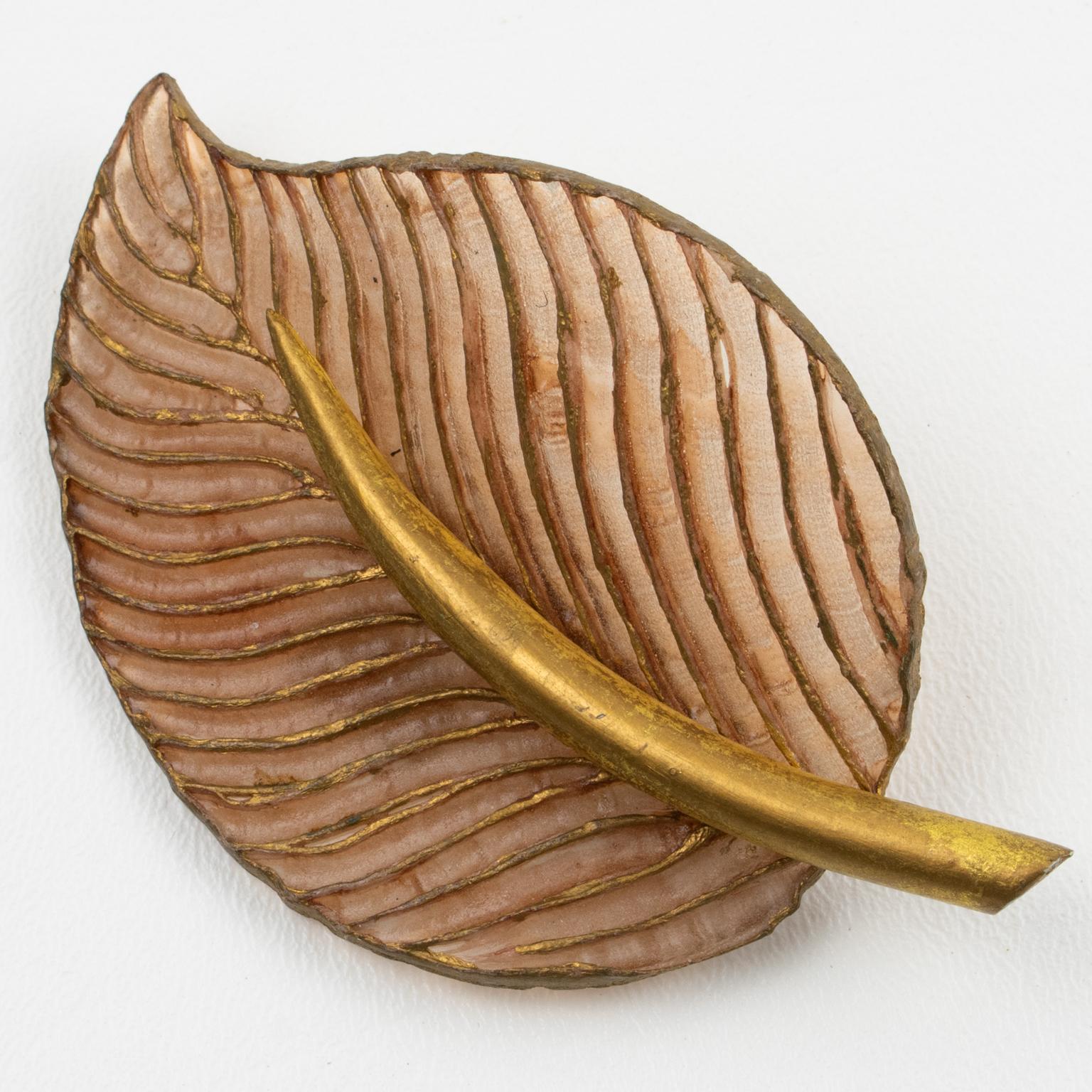 Modern Francoise Montague by Cilea Resin Pin Brooch Golden Brown Leaf For Sale