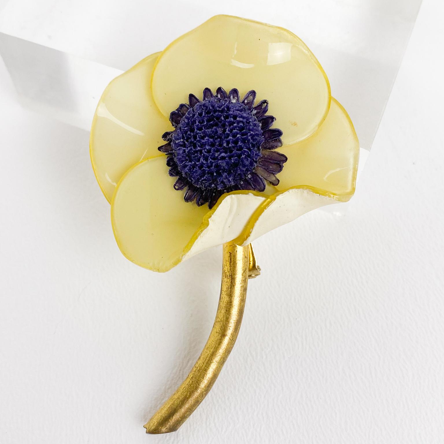 Women's or Men's Francoise Montague Resin Brooch Lemon Poppy Flower For Sale