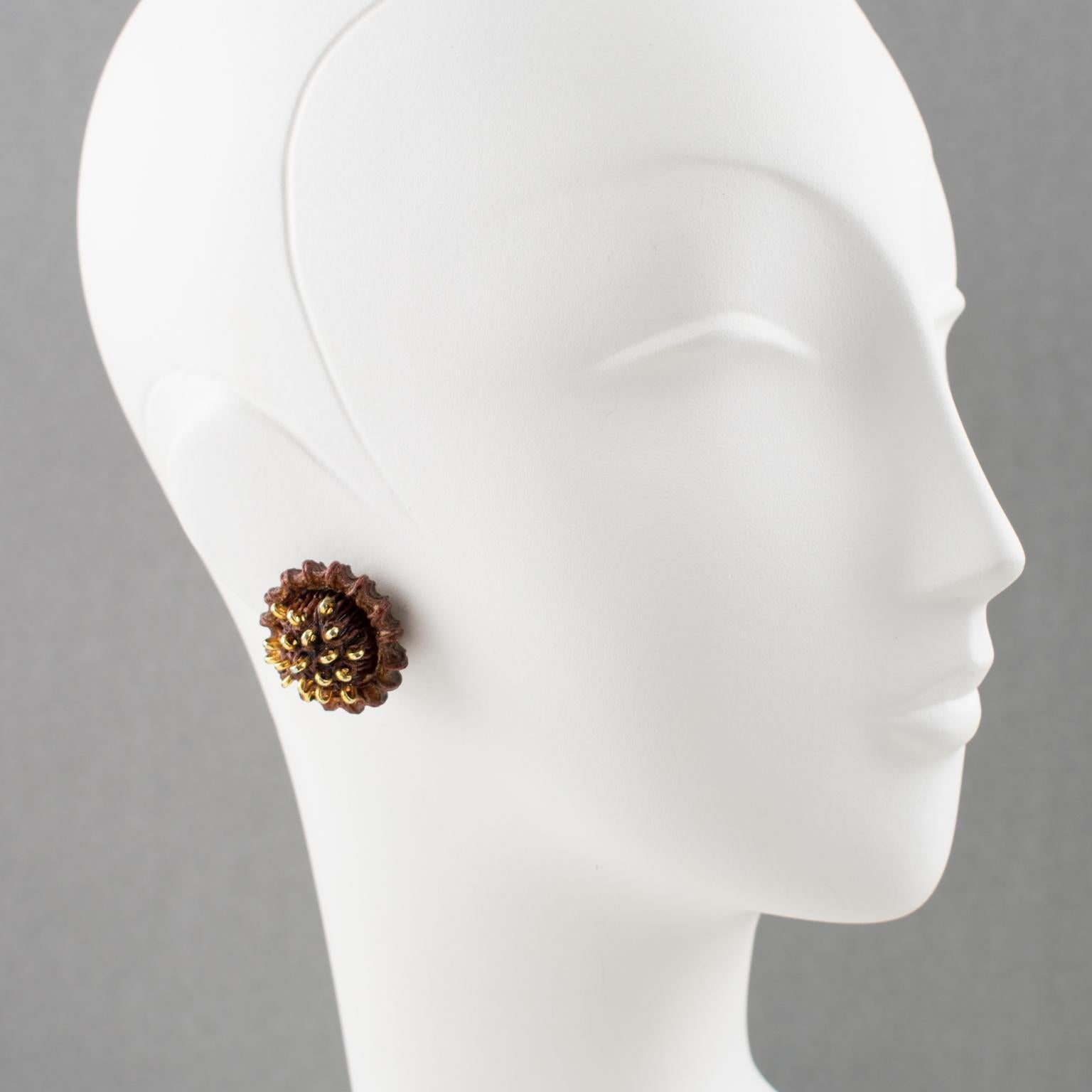 Francoise Montague Clip Earrings Brown Resin with Brass Studs For Sale 3