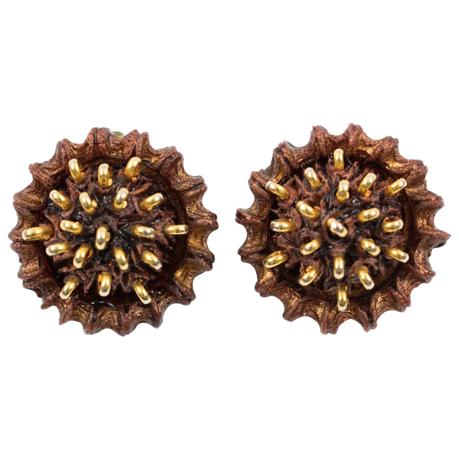 Francoise Montague Clip Earrings Brown Resin with Brass Studs For Sale