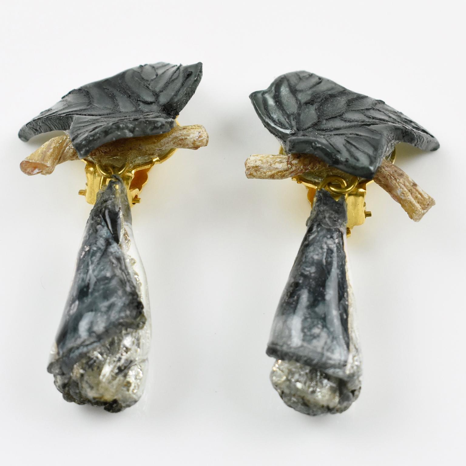 Modern Francoise Montague Paris Clip Earrings Gray Resin Leaf Drop