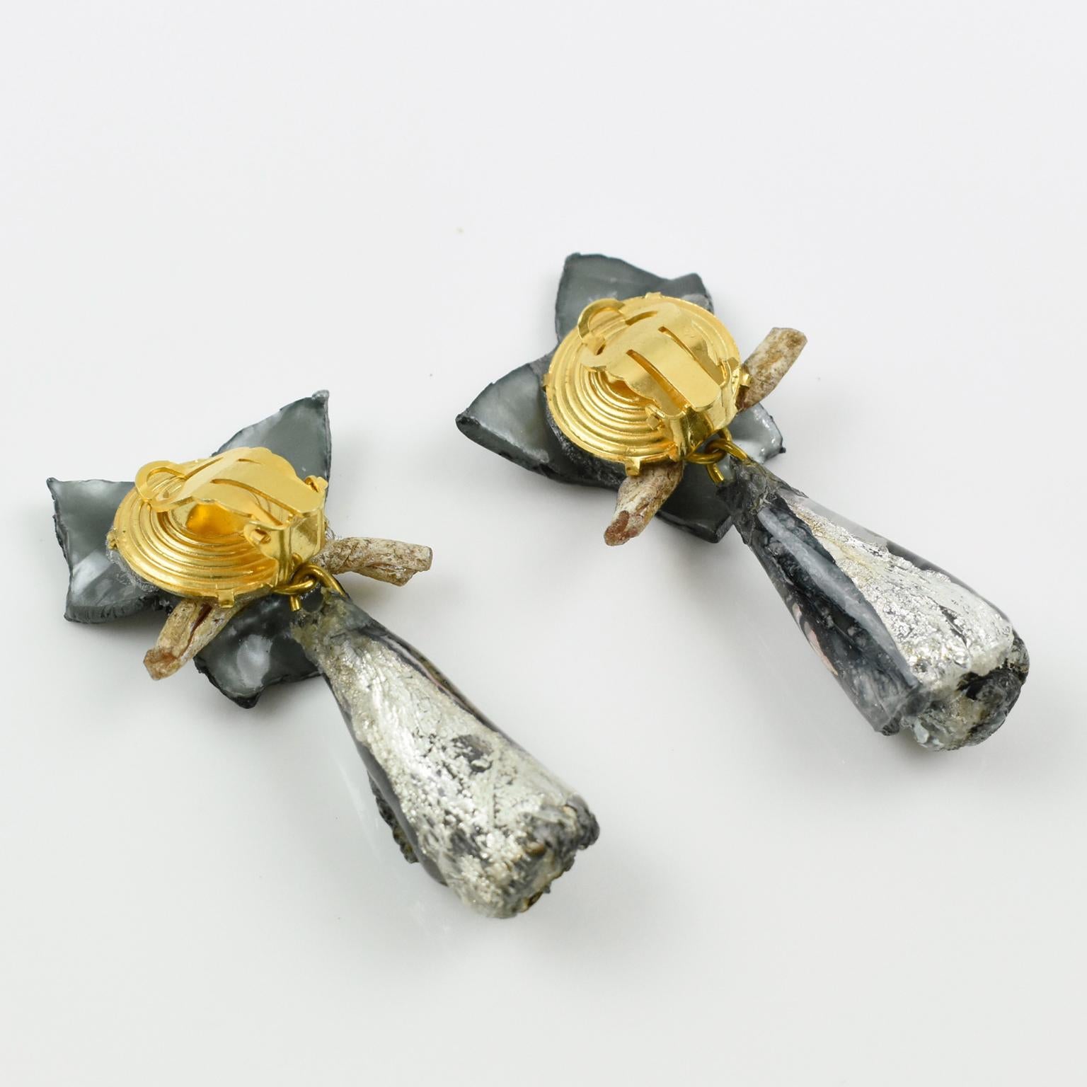Francoise Montague Paris Clip Earrings Gray Resin Leaf Drop In Excellent Condition In Atlanta, GA