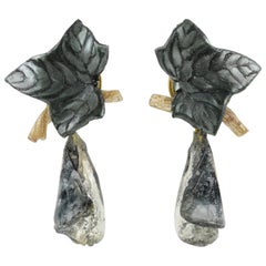 Francoise Montague Paris Clip Earrings Gray Resin Leaf Drop