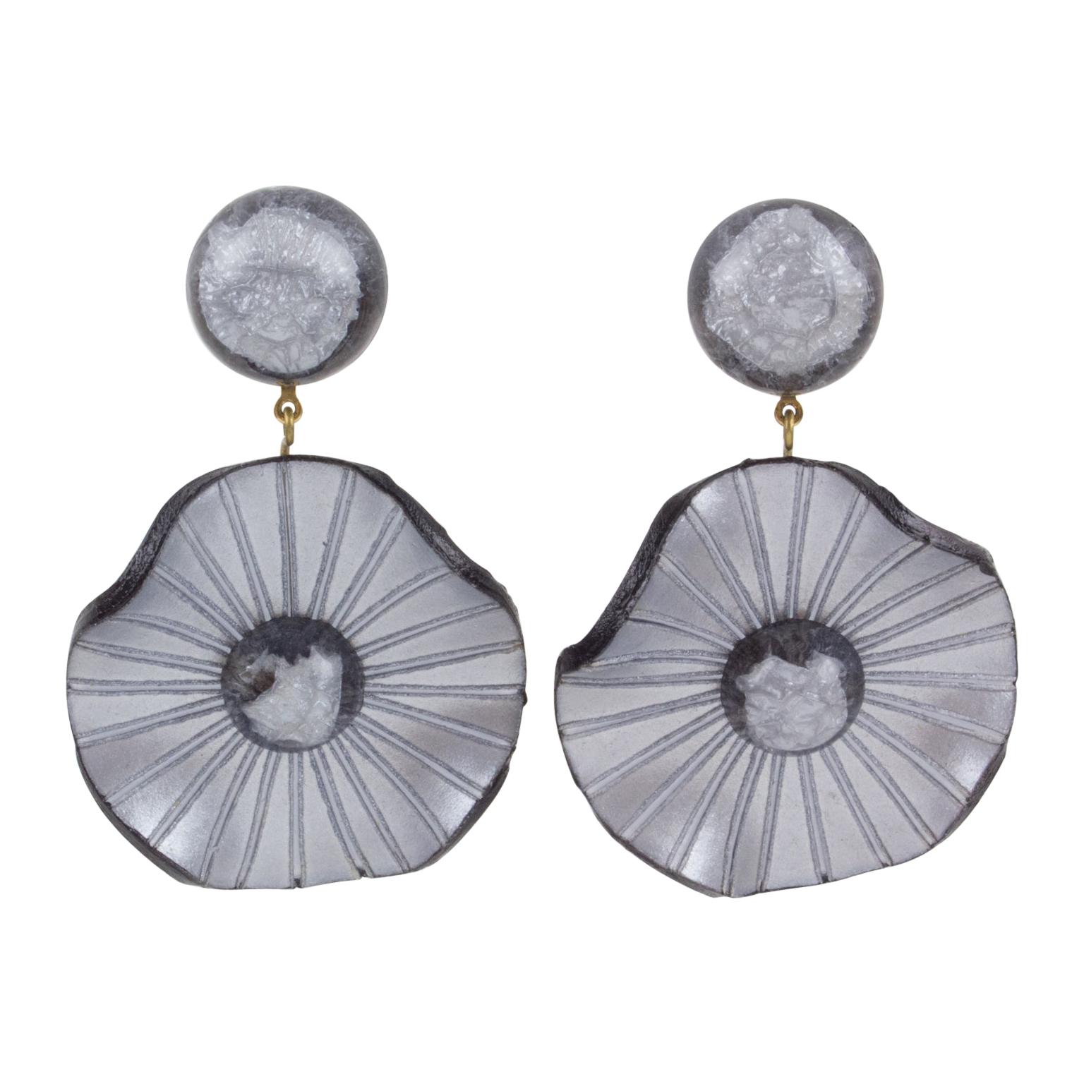 Francoise Montague Clip Earrings Pearl Gray Resin Dangle Flower