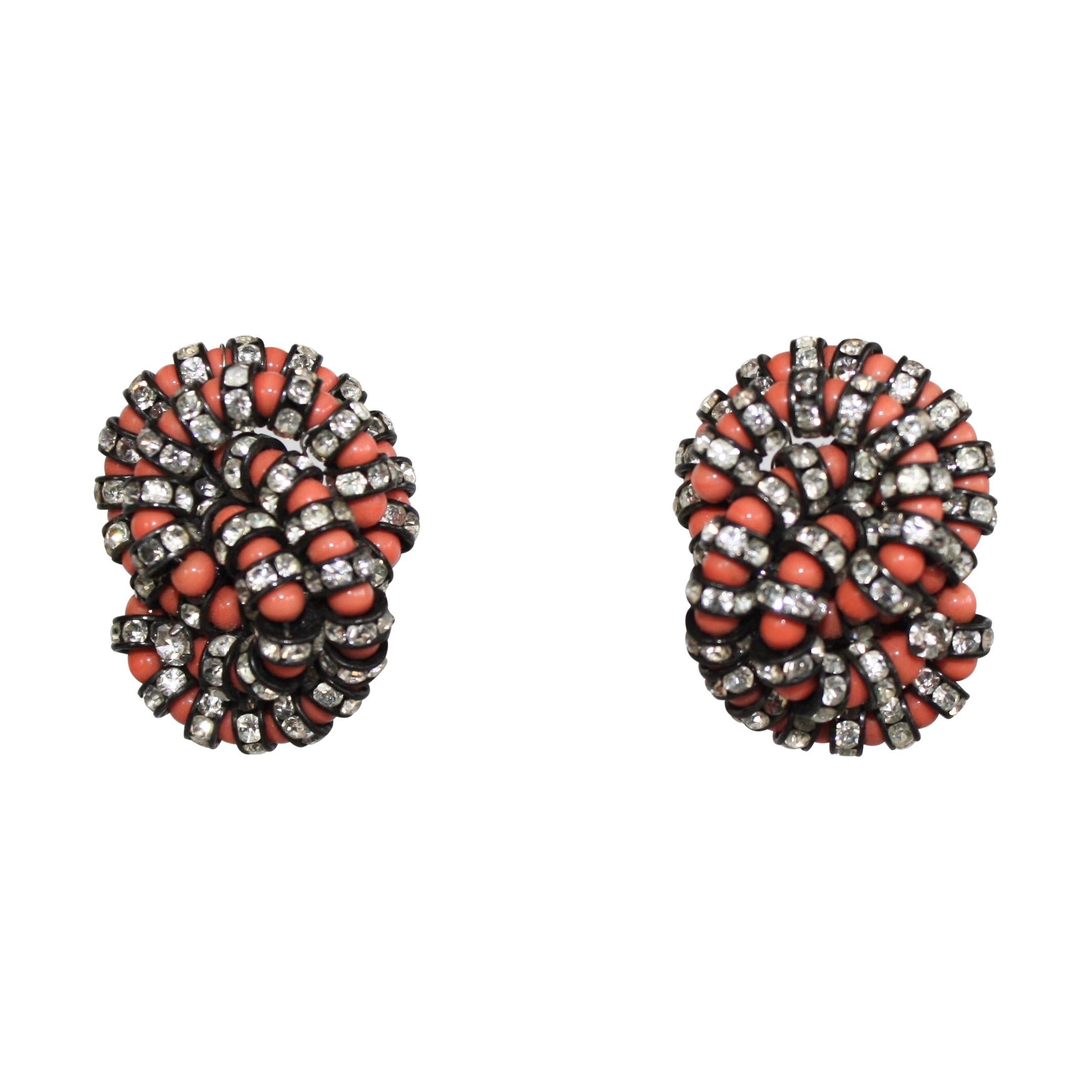 Francoise Montague Coral and Black Swarovski Crystal Clip Earrings  For Sale