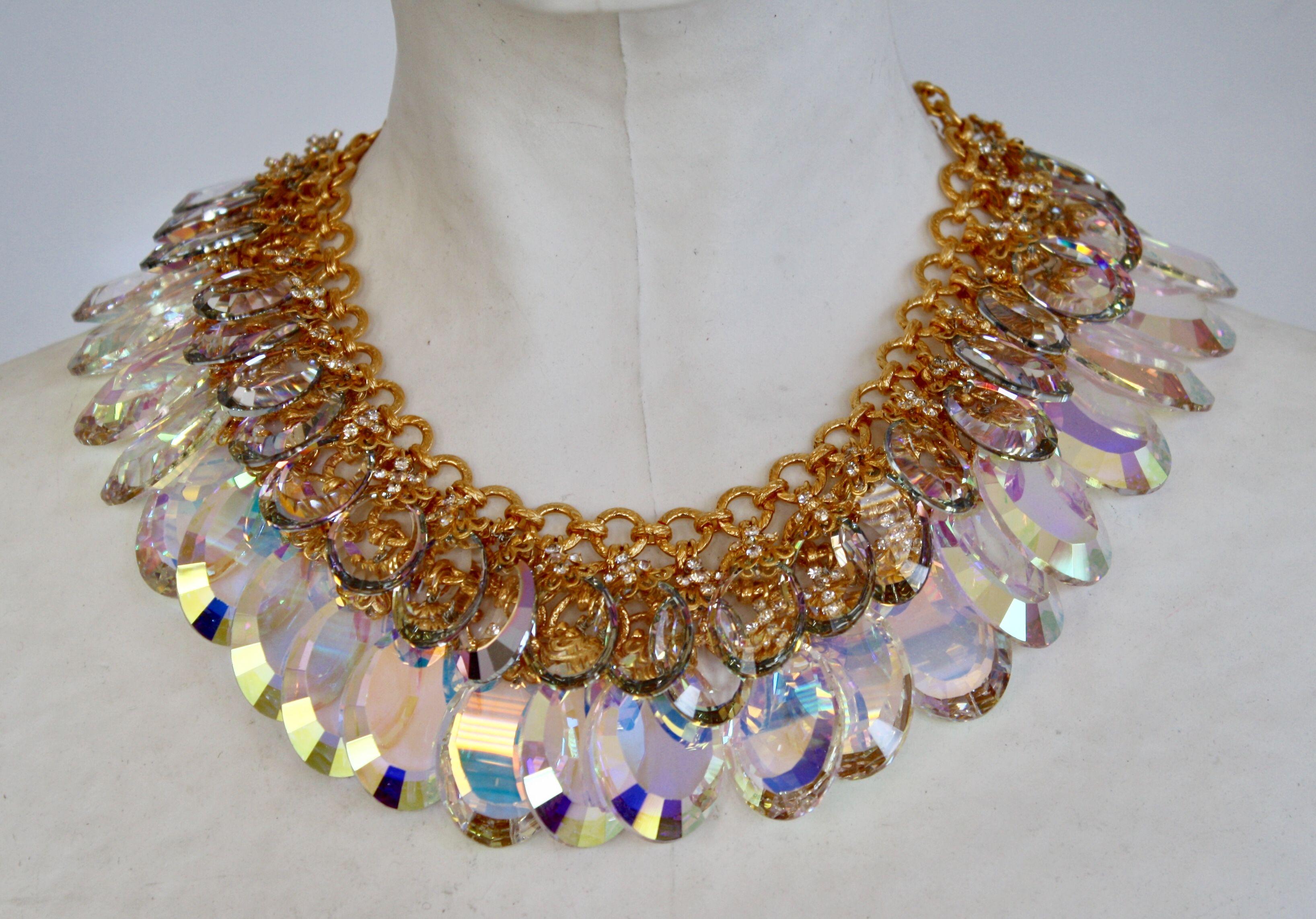 Vintage iridescent glass disc double row necklace on gorgeous vintage gold chain from Francoise Montague.
