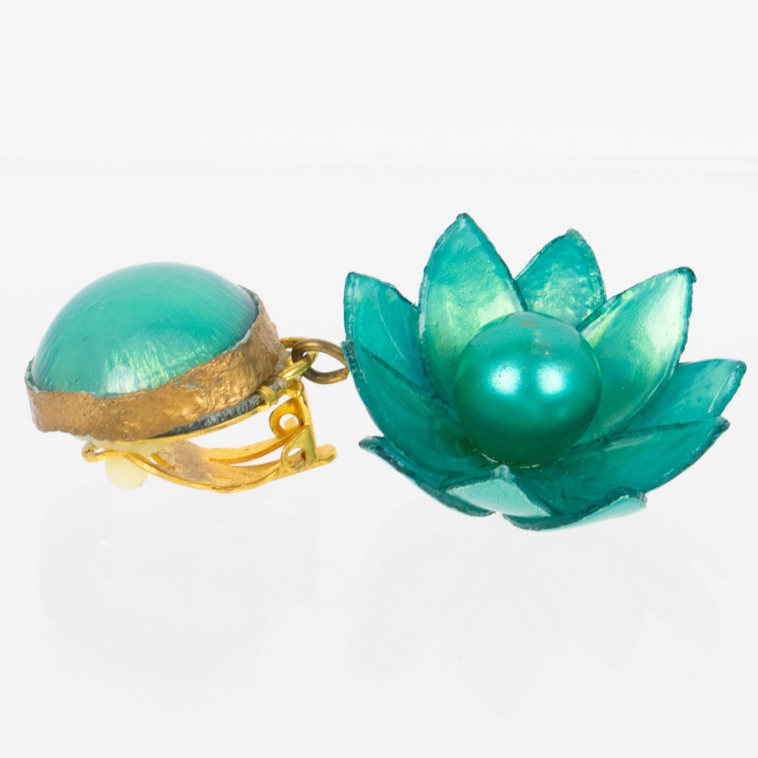 Women's or Men's Francoise Montague Earrings Turquoise Green Flowers For Sale