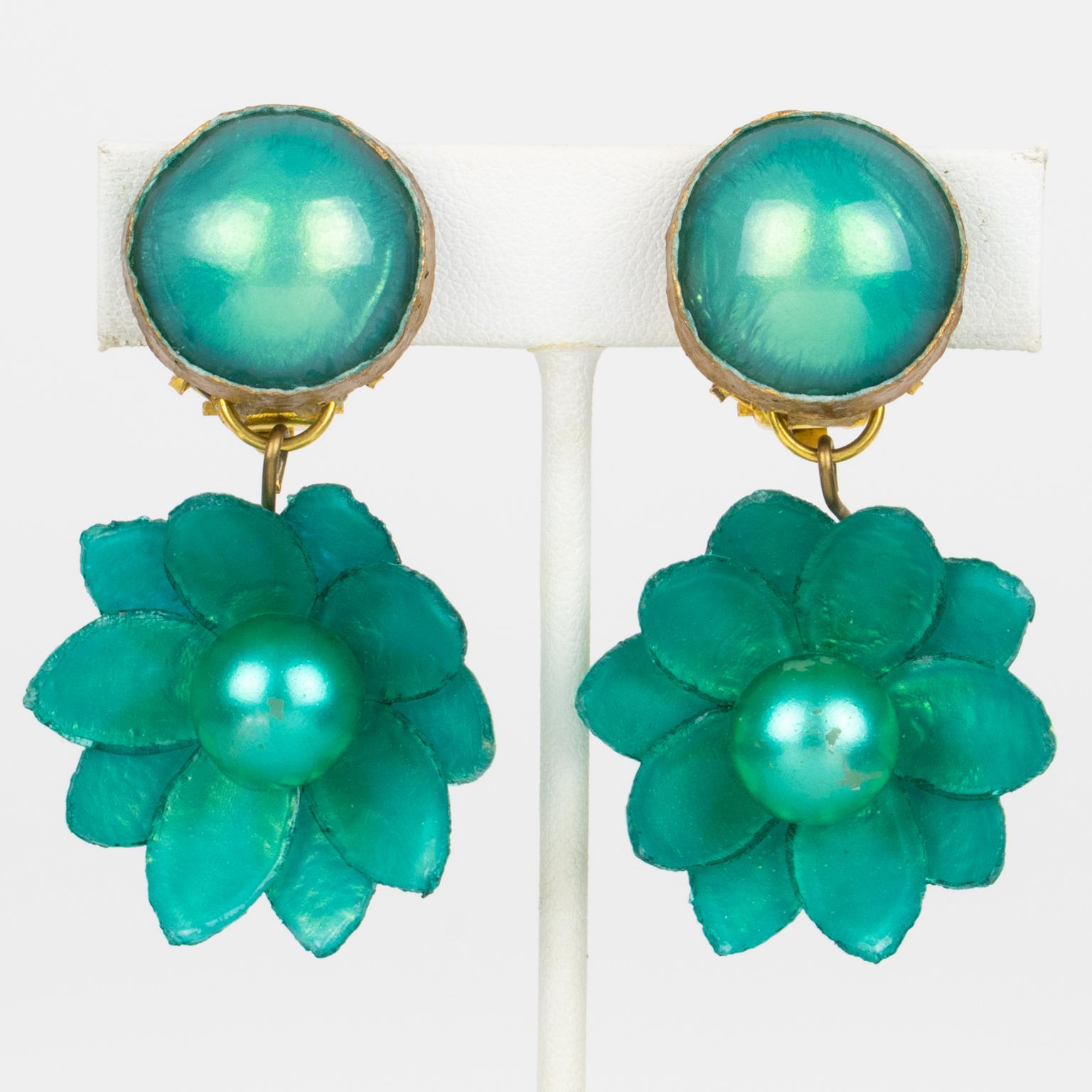 Francoise Montague Earrings Turquoise Green Flowers For Sale 1
