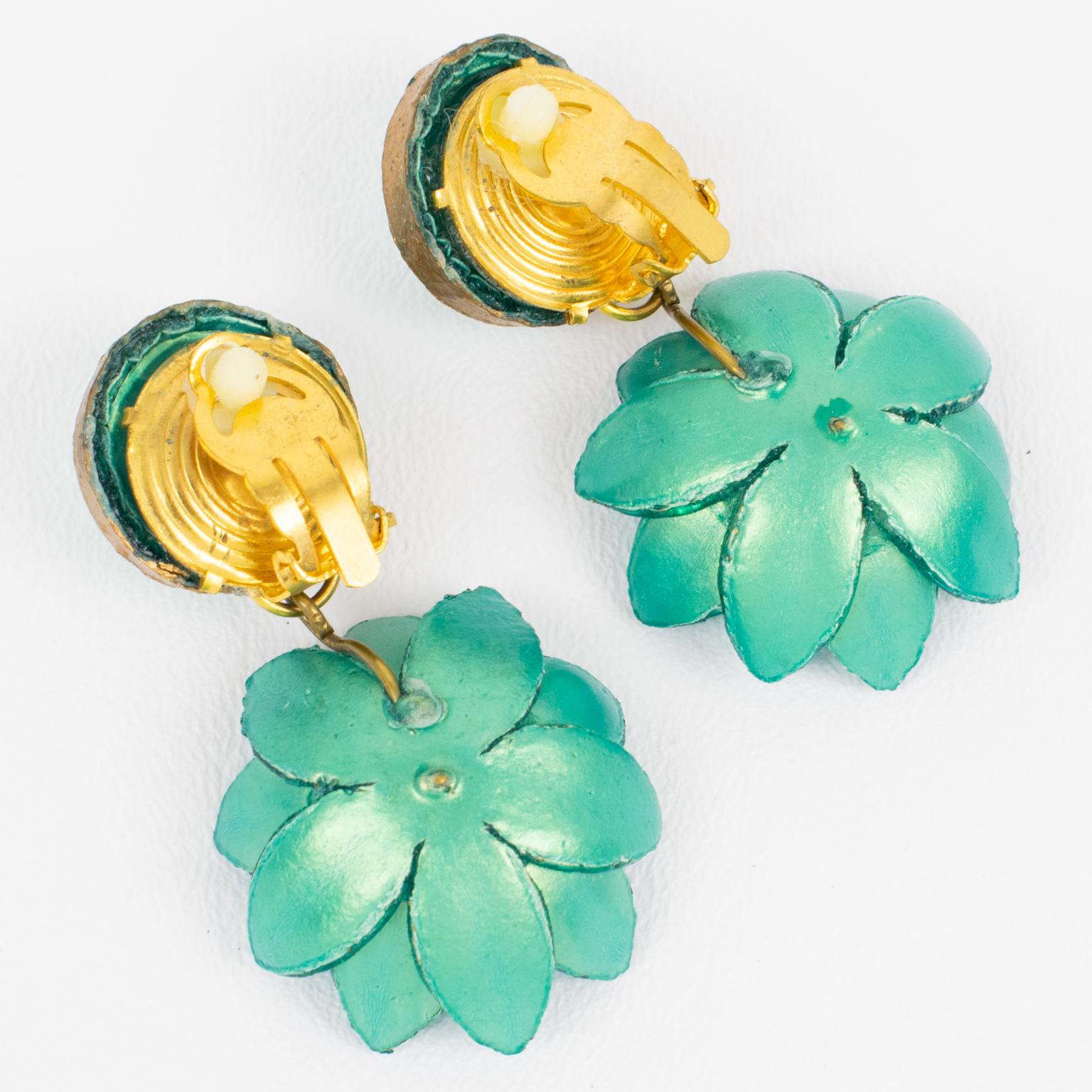 Francoise Montague Earrings Turquoise Green Flowers For Sale 3