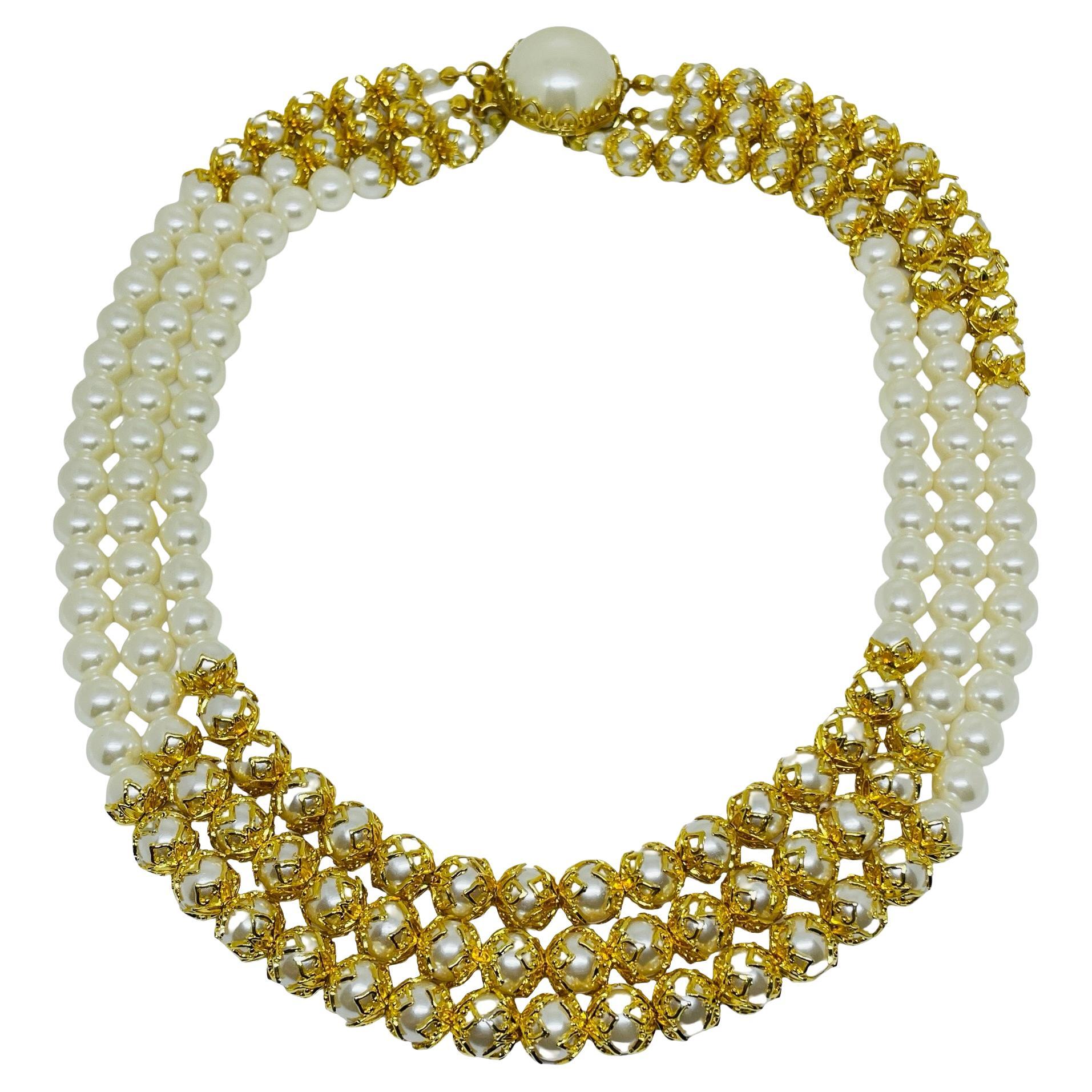FRANCOISE MONTAGUE FM signed vintage gold tone glass pearls designer necklace