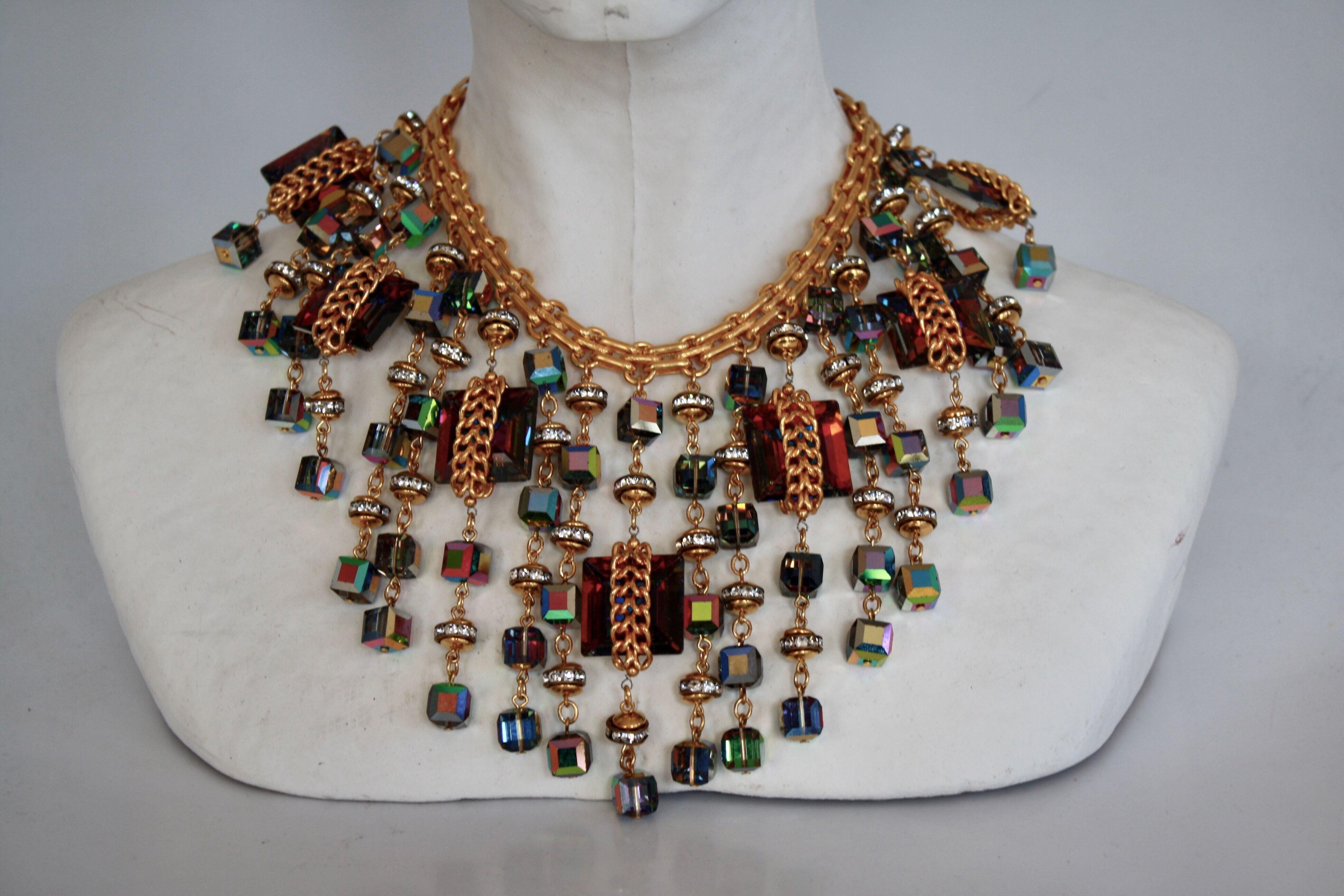 Chain, glass, and crystal fringe statement necklace from Francoise Montague. 