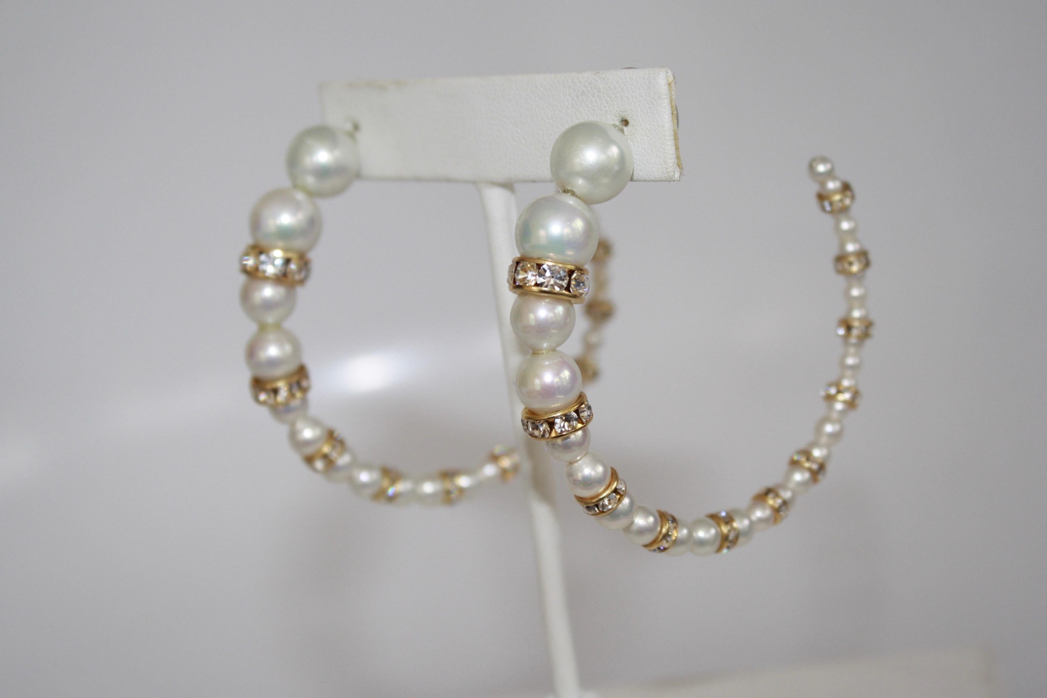 Francoise Montague Glass Pearl and Crystal hoop earrings. 