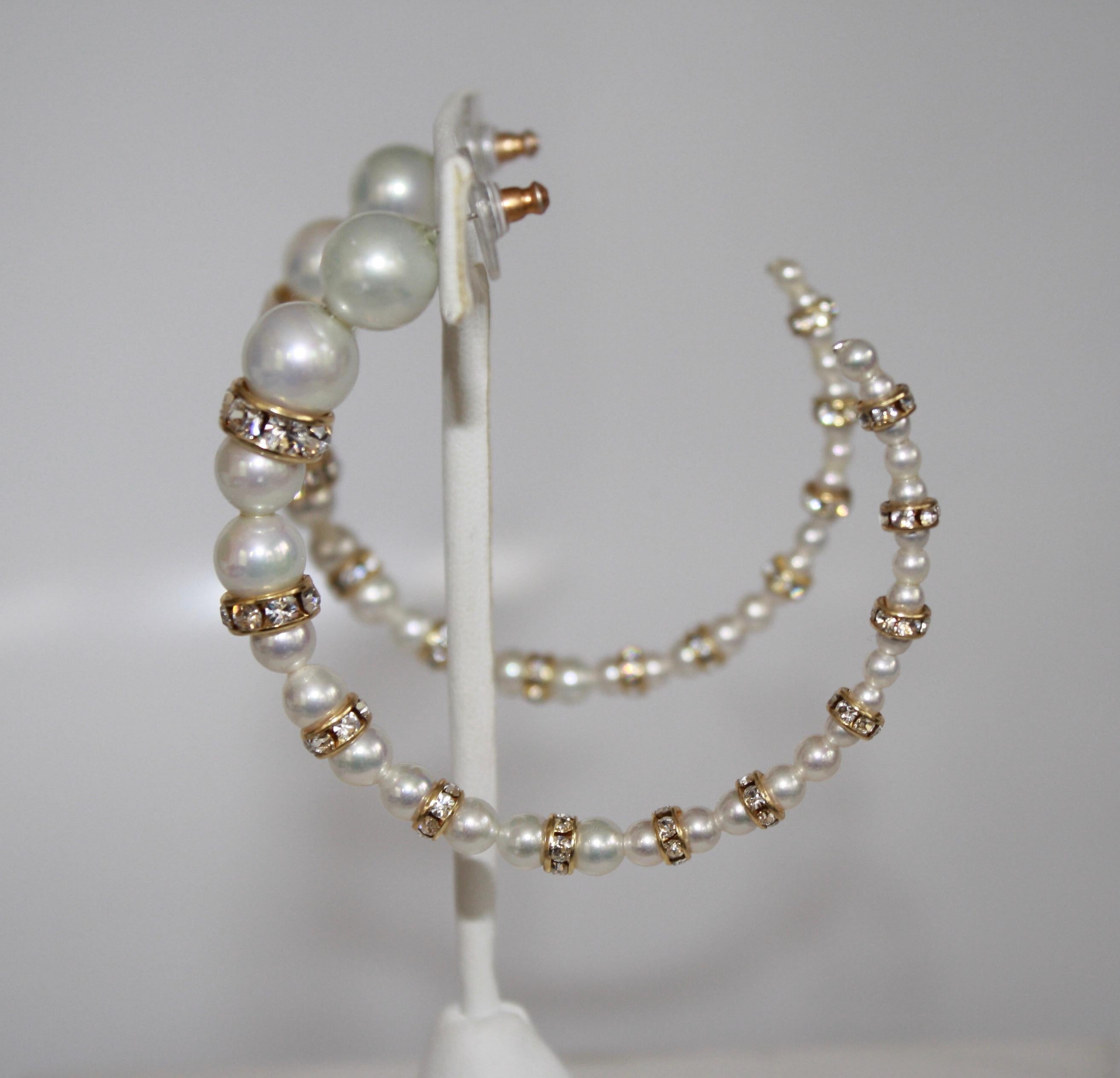 Francoise Montague Glass and Swarovski Crystal Pearl Hoop Earrings 1