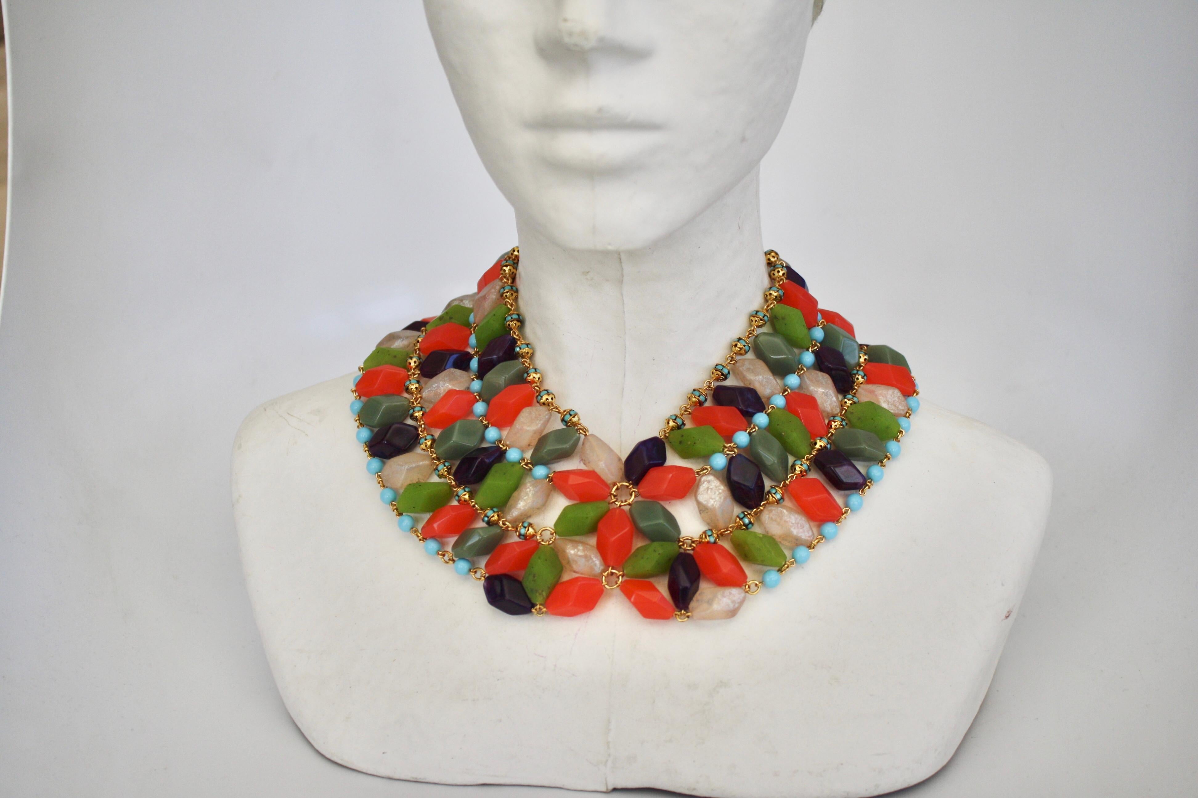 Multi color glass bead necklace strung with Swarovski crystal rondelles from Francoise Montague. Handmade in Paris. 