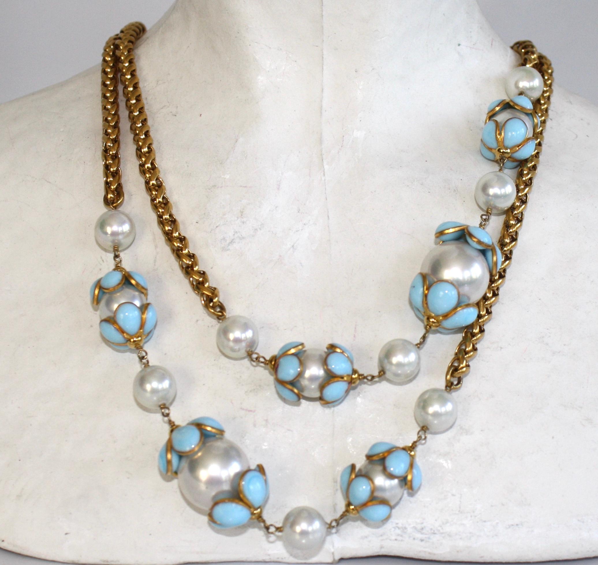 Modern Francoise Montague Glass Pearl and Blue Pate de Verre Sautoir Necklace