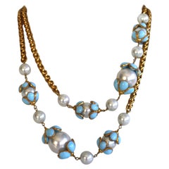 Francoise Montague Glass Pearl and Blue Pate de Verre Sautoir Necklace