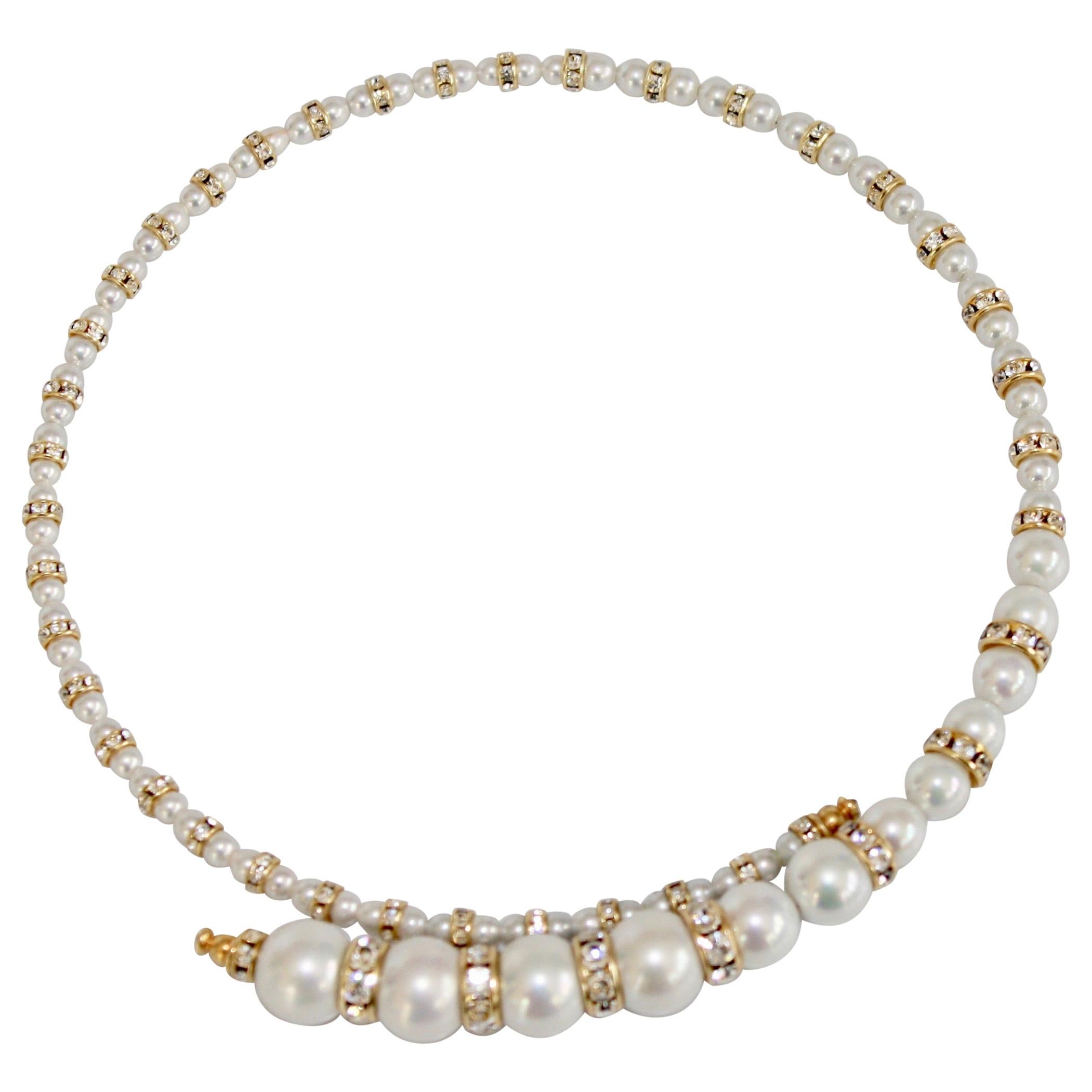 Francoise Montague Glass Pearl and Swarovski Crystal Memory Wire Necklace