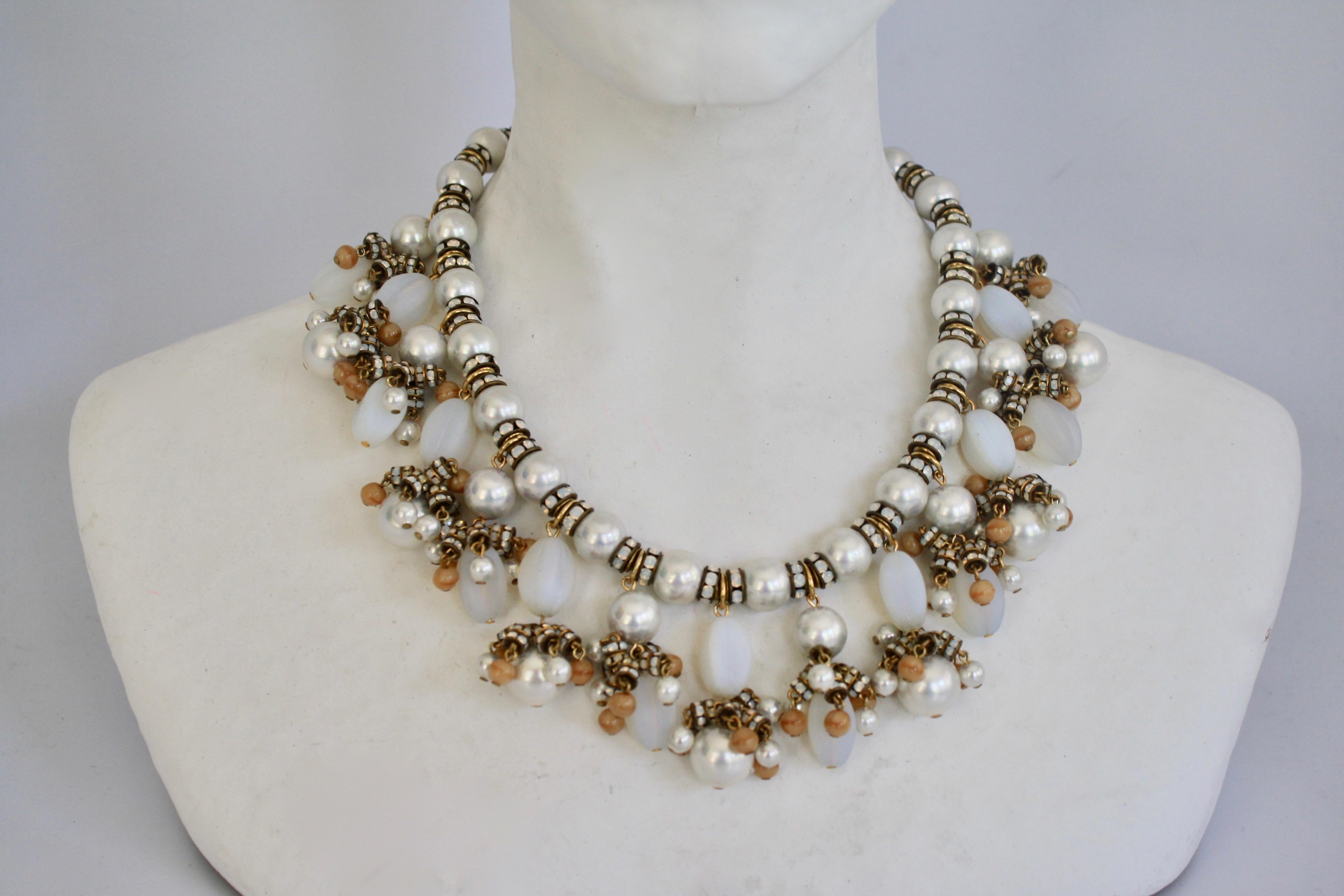 Elegant glass pearl and Swarovski crystal rondelle necklace with opaline and glass drops from Francoise Montague Paris. 