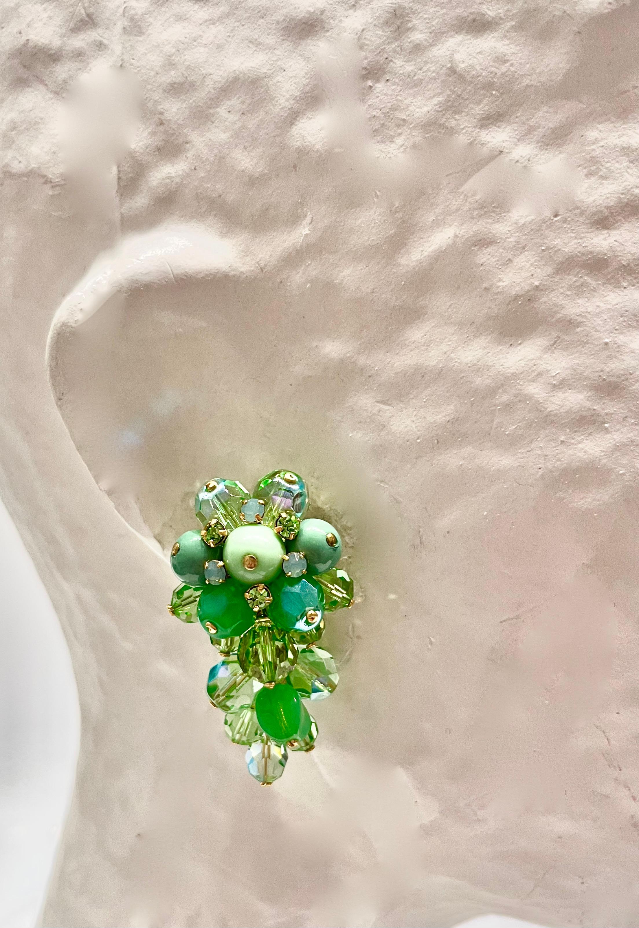 Francoise Montague Green and Clear Glass Beads Clip Earrings 1