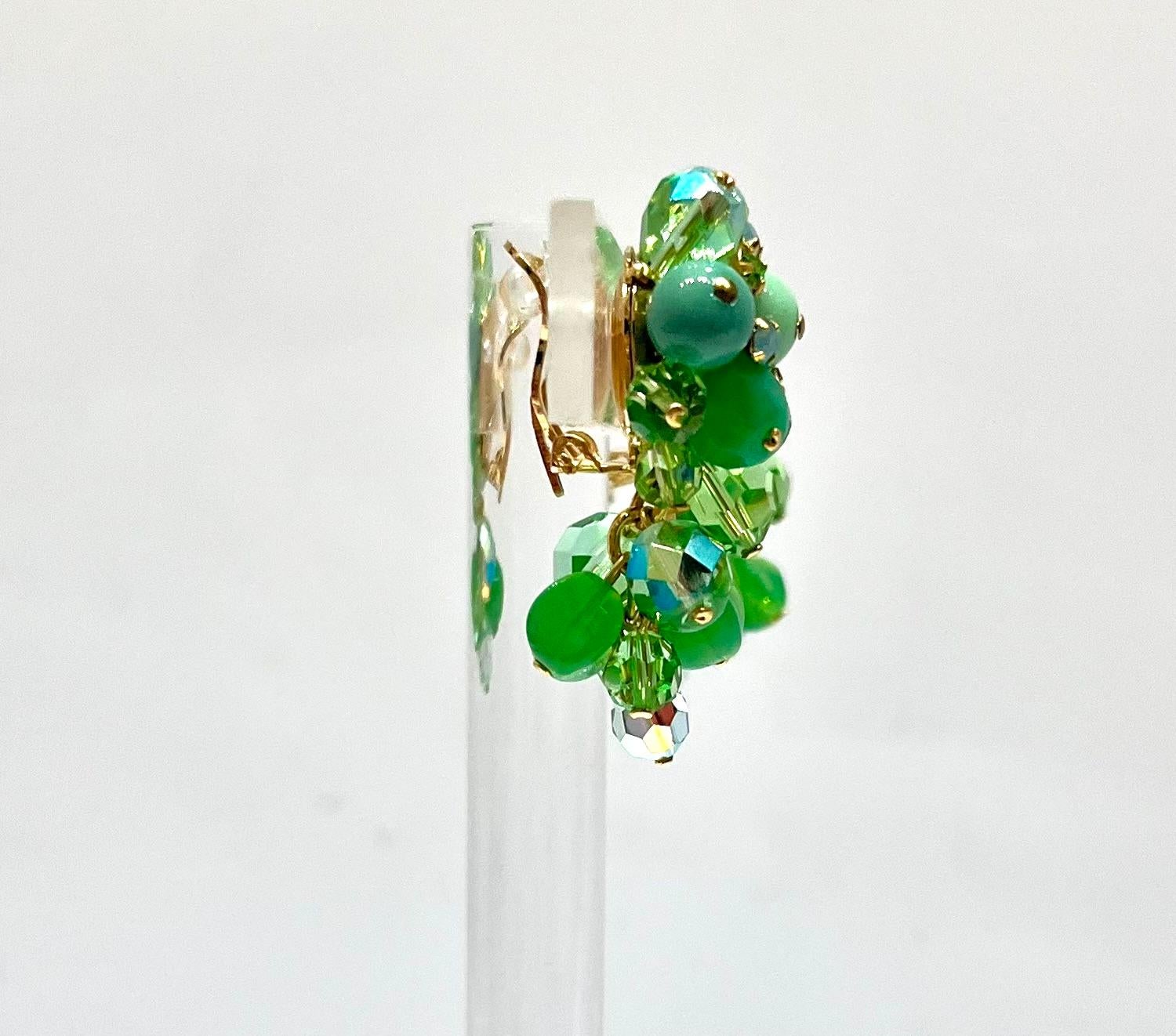 Francoise Montague Green and Clear Glass Beads Clip Earrings 2