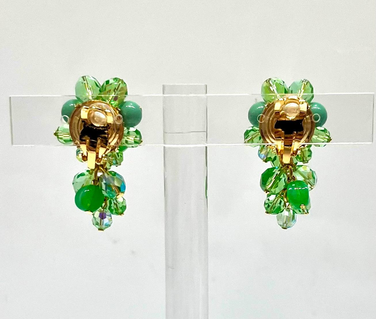 Francoise Montague Green and Clear Glass Beads Clip Earrings 3