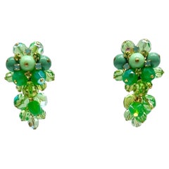 Francoise Montague Green and Clear Glass Beads Clip Earrings