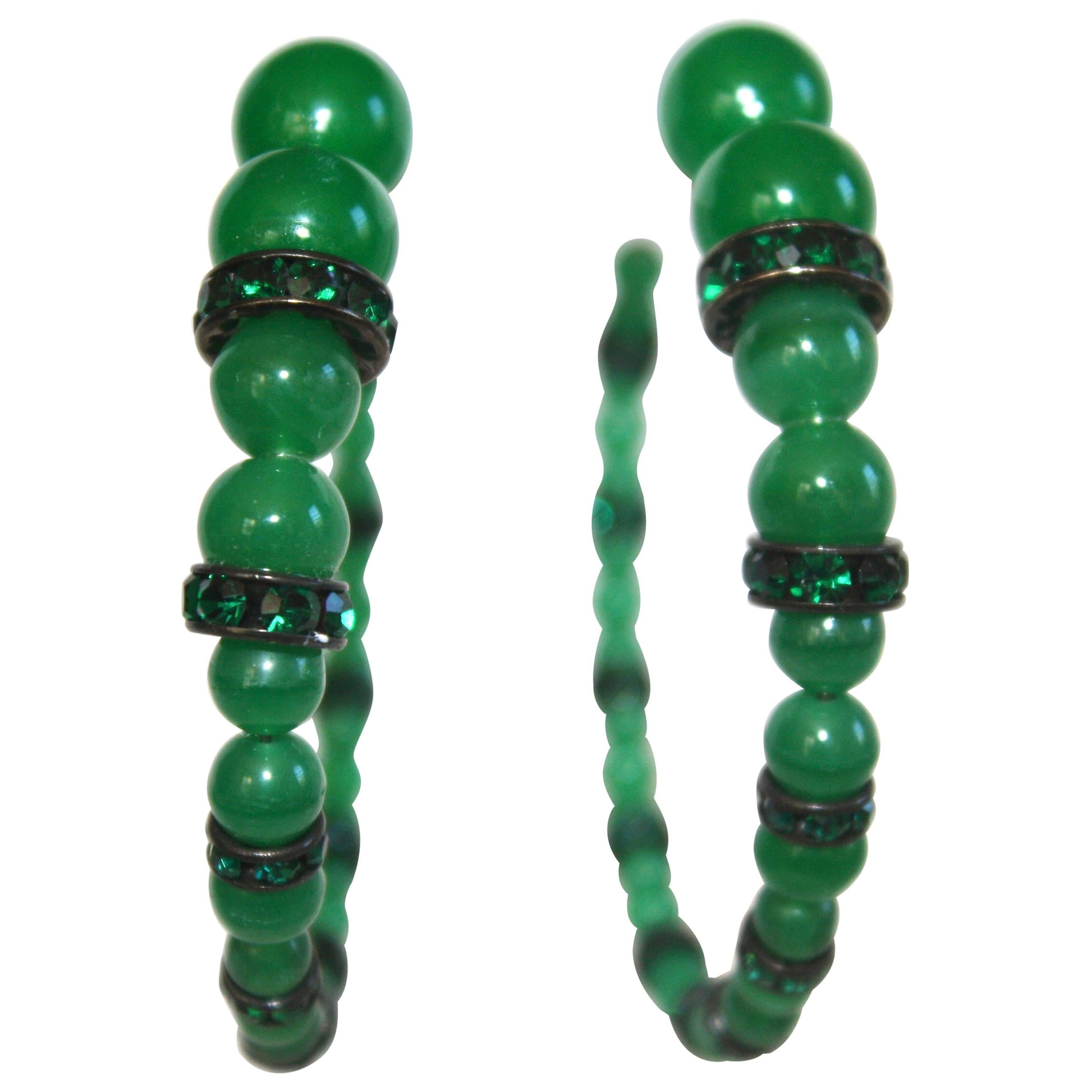 Francoise Montague Green Glass and Crystal Hoop Earrings
