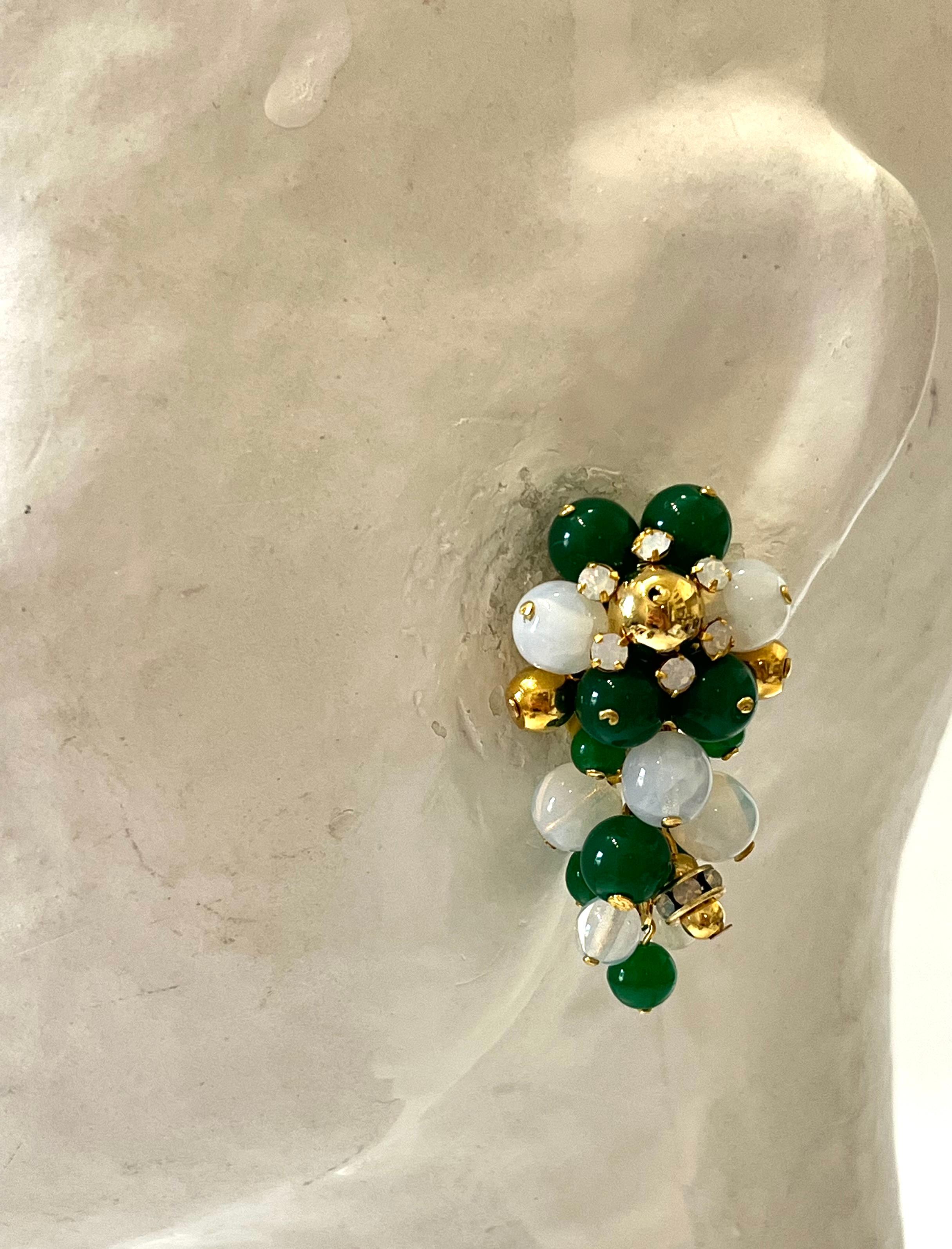 Artist Francoise Montague Green, Opaque Clear and Gold Glass Beads Clip Earrings For Sale