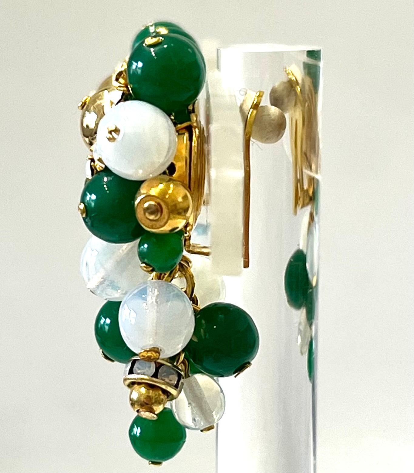 Women's Francoise Montague Green, Opaque Clear and Gold Glass Beads Clip Earrings For Sale