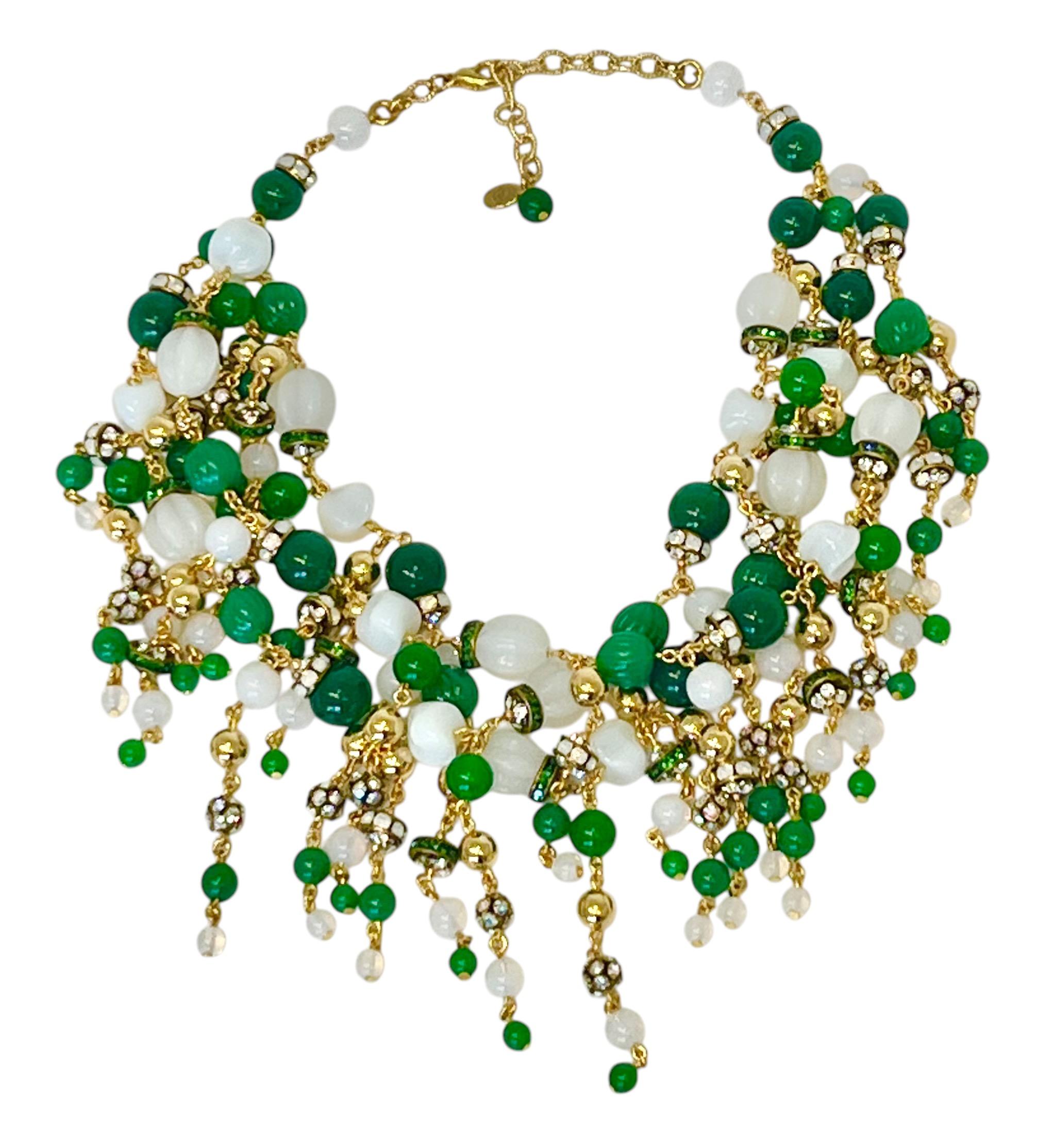 Francoise Montague Green, Opaque Clear and Gold Glass Beads Clip Earrings For Sale 1