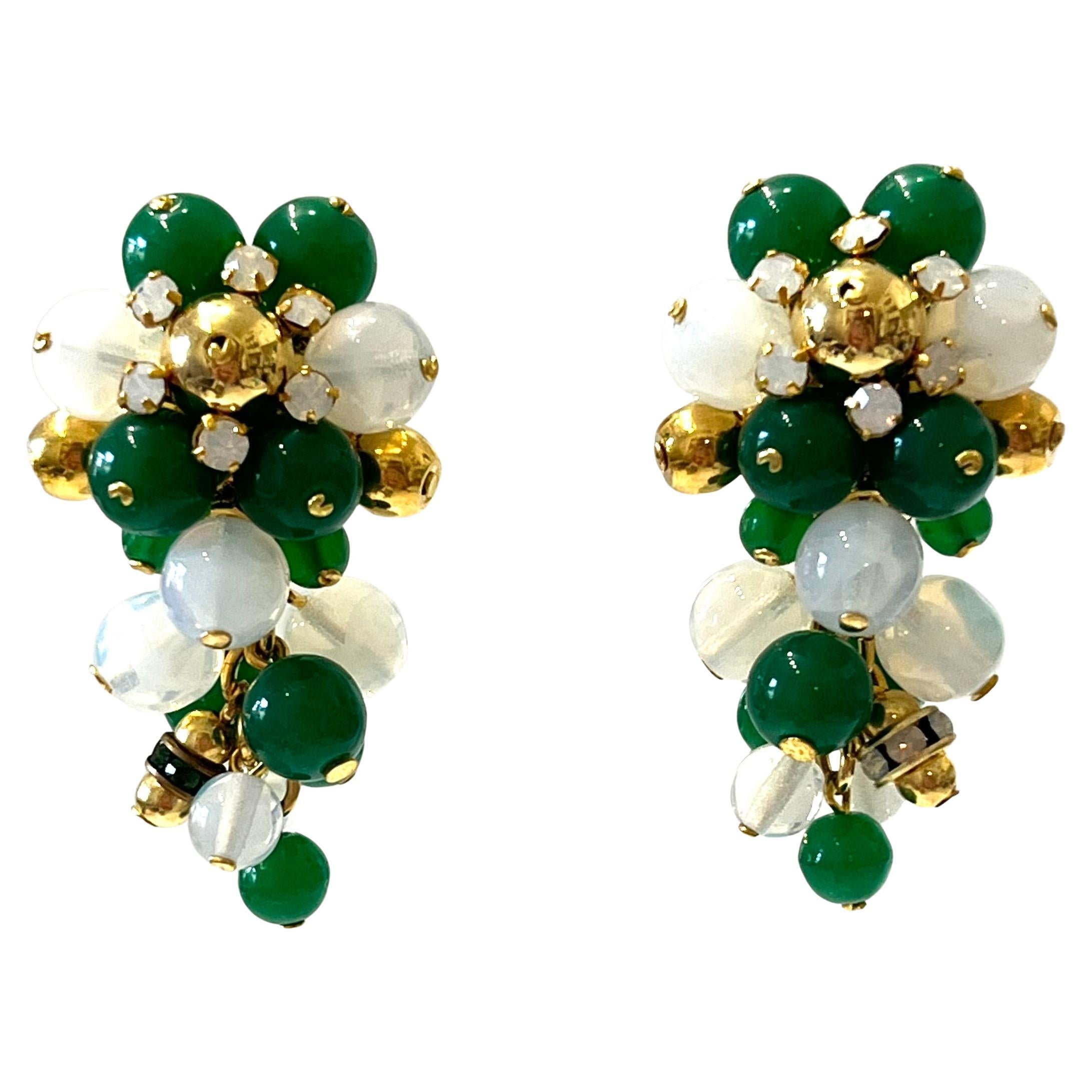 Francoise Montague Green, Opaque Clear and Gold Glass Beads Clip Earrings For Sale
