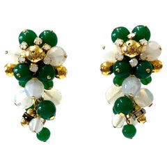 Francoise Montague Green, Opaque Clear and Gold Glass Beads Clip Earrings