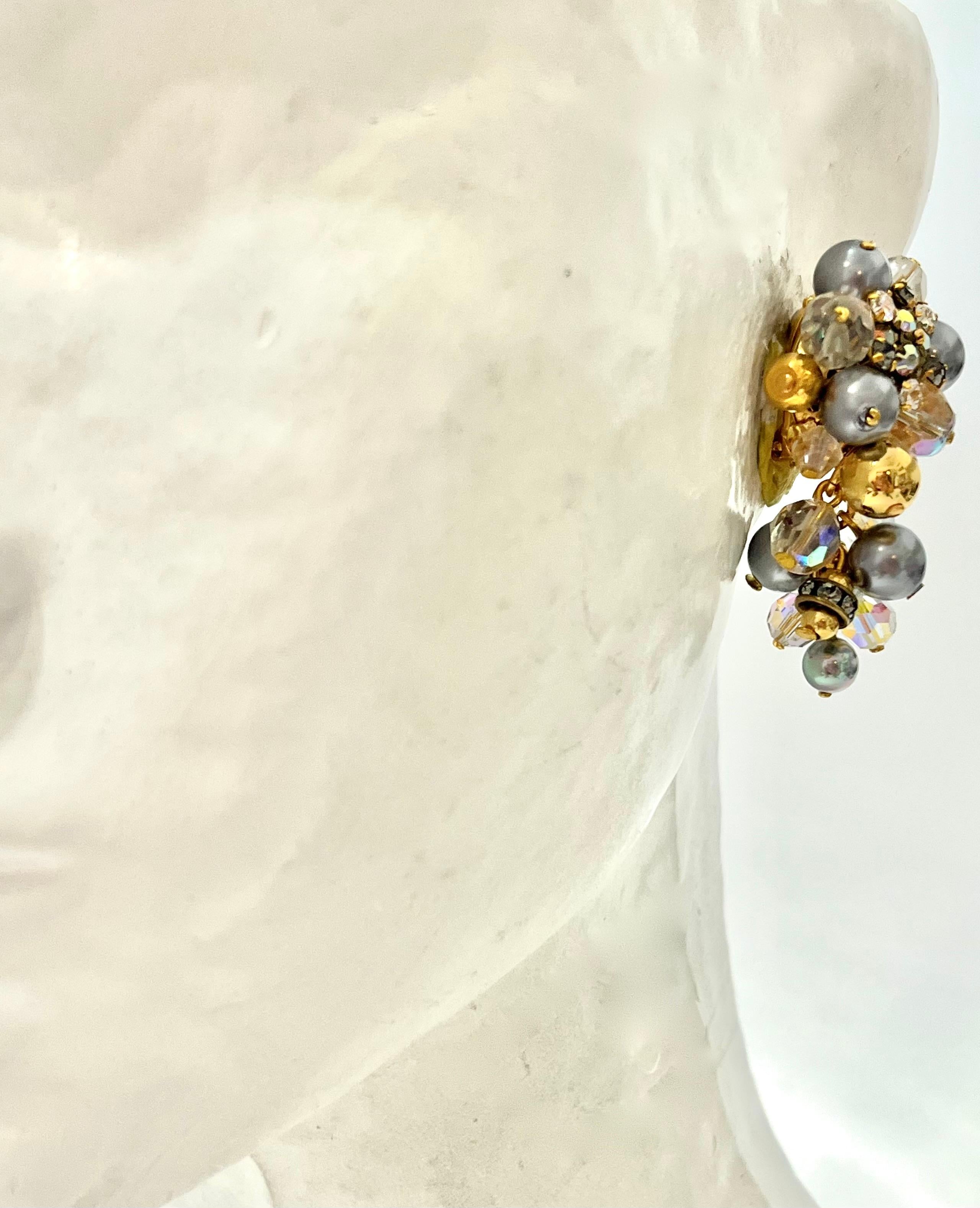 Francoise Montague Grey , Clear and Gold Glass Beads Clip Earrings In New Condition In Virginia Beach, VA
